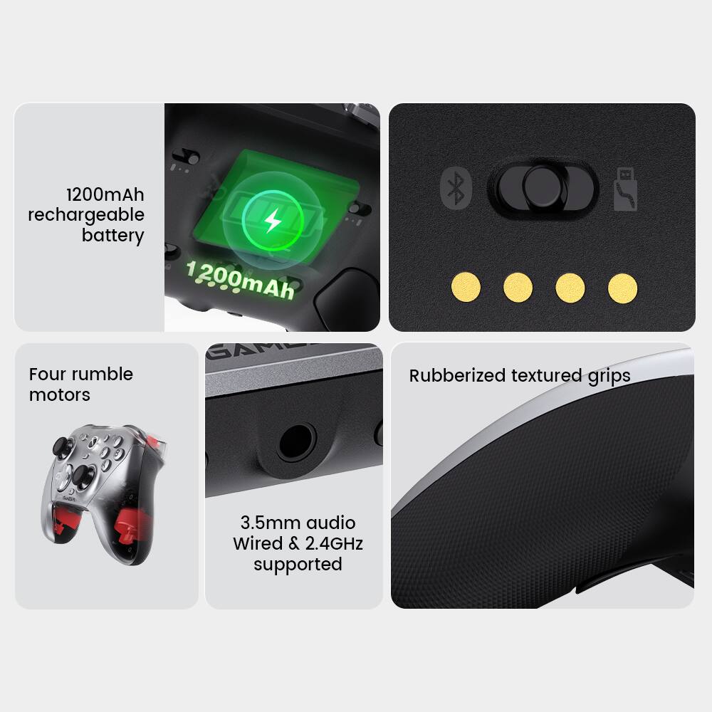 1200mAh rechargeable battery  
Four rumble motors  
Rubberized textured grips  
3.5mm audio Wired & 2.4GHz supported