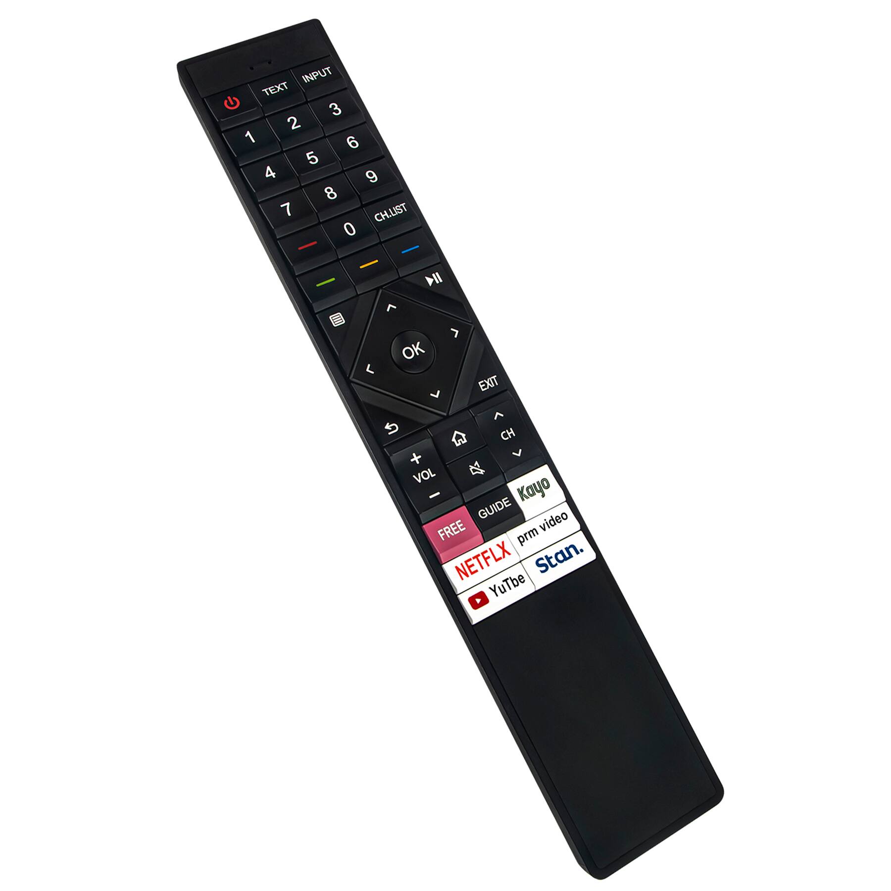 INPUT TEXT 3 2 1 6 5 4 9 8 7 CH.LIST 0 - I > OK < EXIT S CH + VOL Kayo GUIDE video FREE prm NETFLX Stan. YouTube