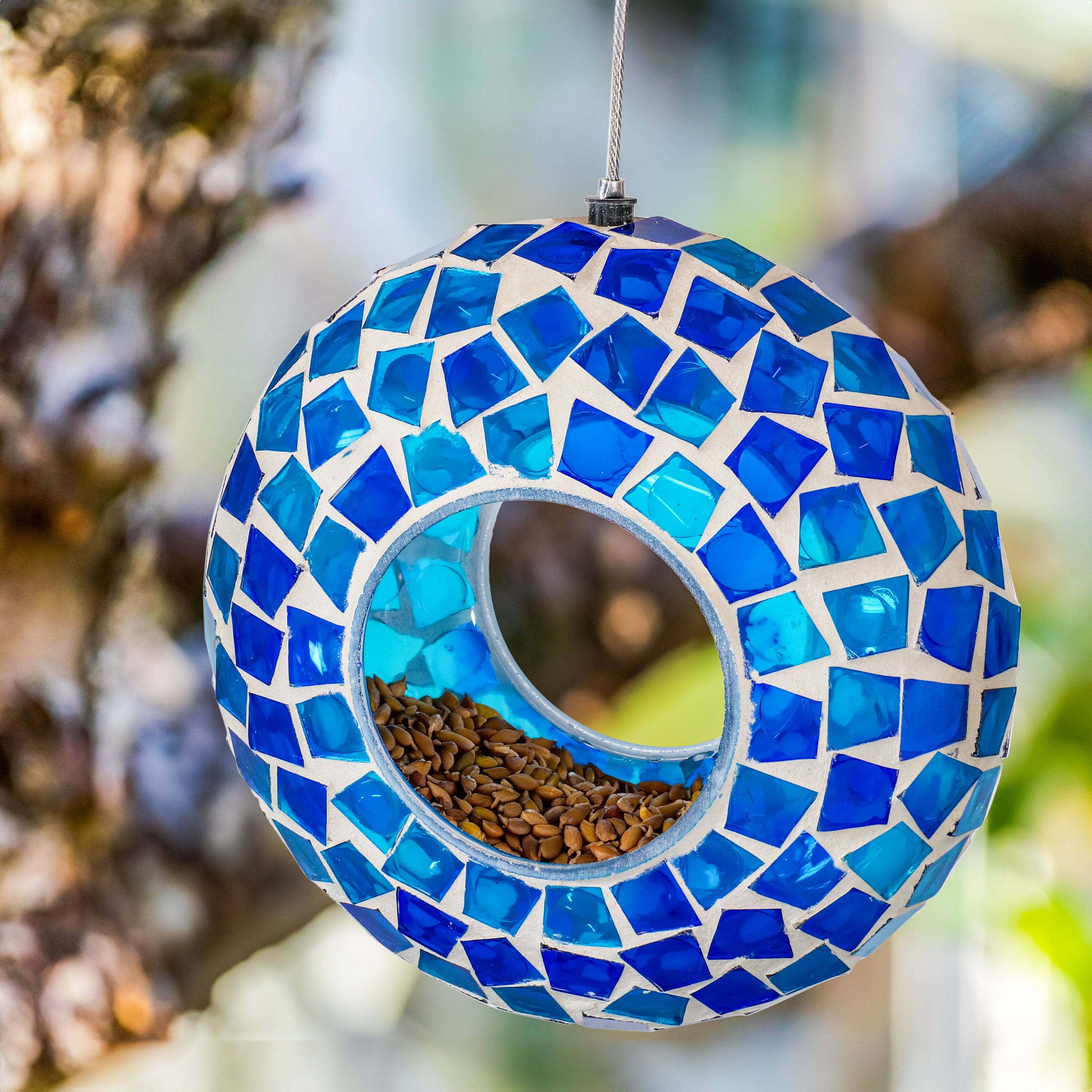 Alt View 8. Sunnydaze - Glass Fly-Through Hanging Bird Feeder - 6 in - Blue Mosaic.