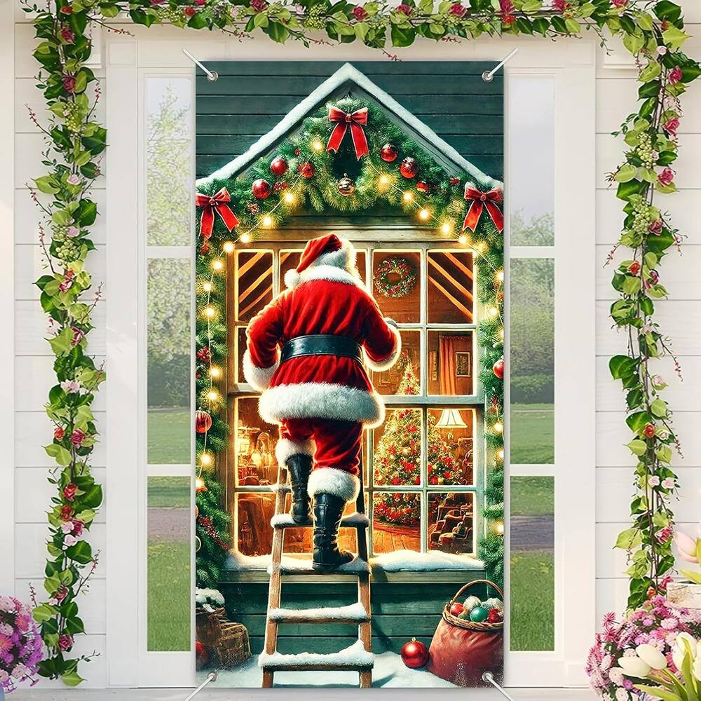 Back. MOSZAR LLC - Santa Climbing Ladder Door Banner, 35x71" Polyester Holiday Door Decor - red.
