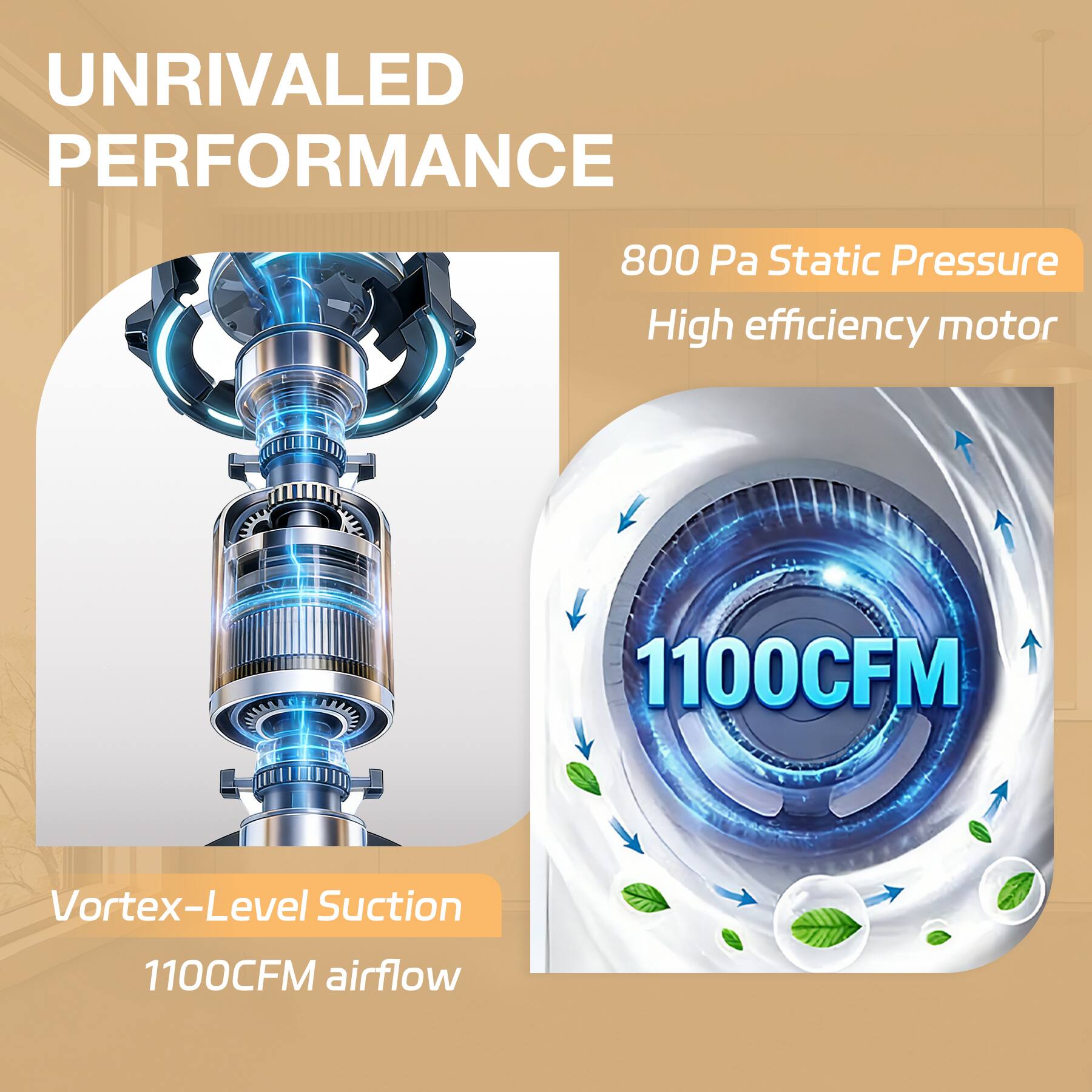 UNRIVALED PERFORMANCE

800 Pa Static Pressure
High efficiency motor

Vortex-Level Suction
1100CFM airflow