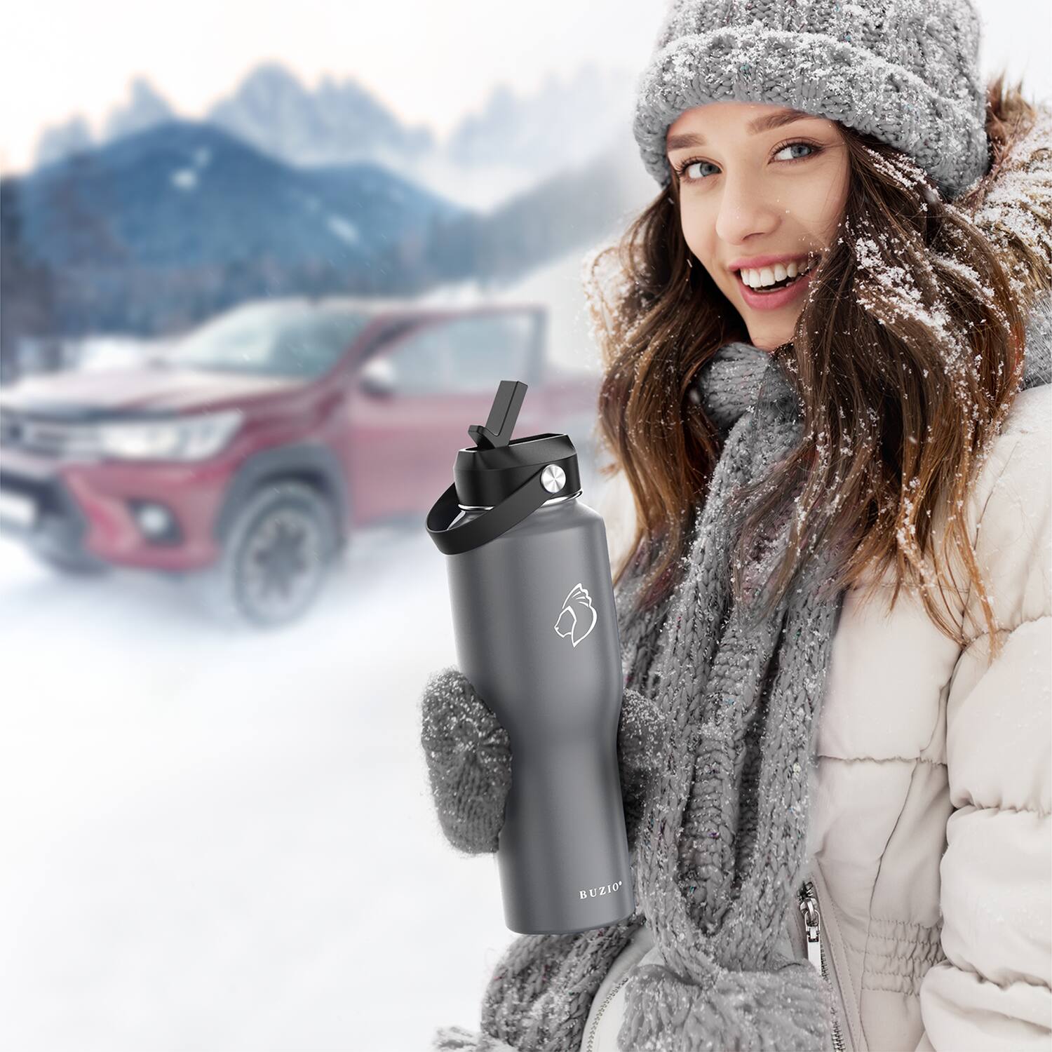 Alt View 3. Buzio - 32oz Insulated Tumbler with Straw Lid and Flex Lid - Fits in Cup Holder - Gray.