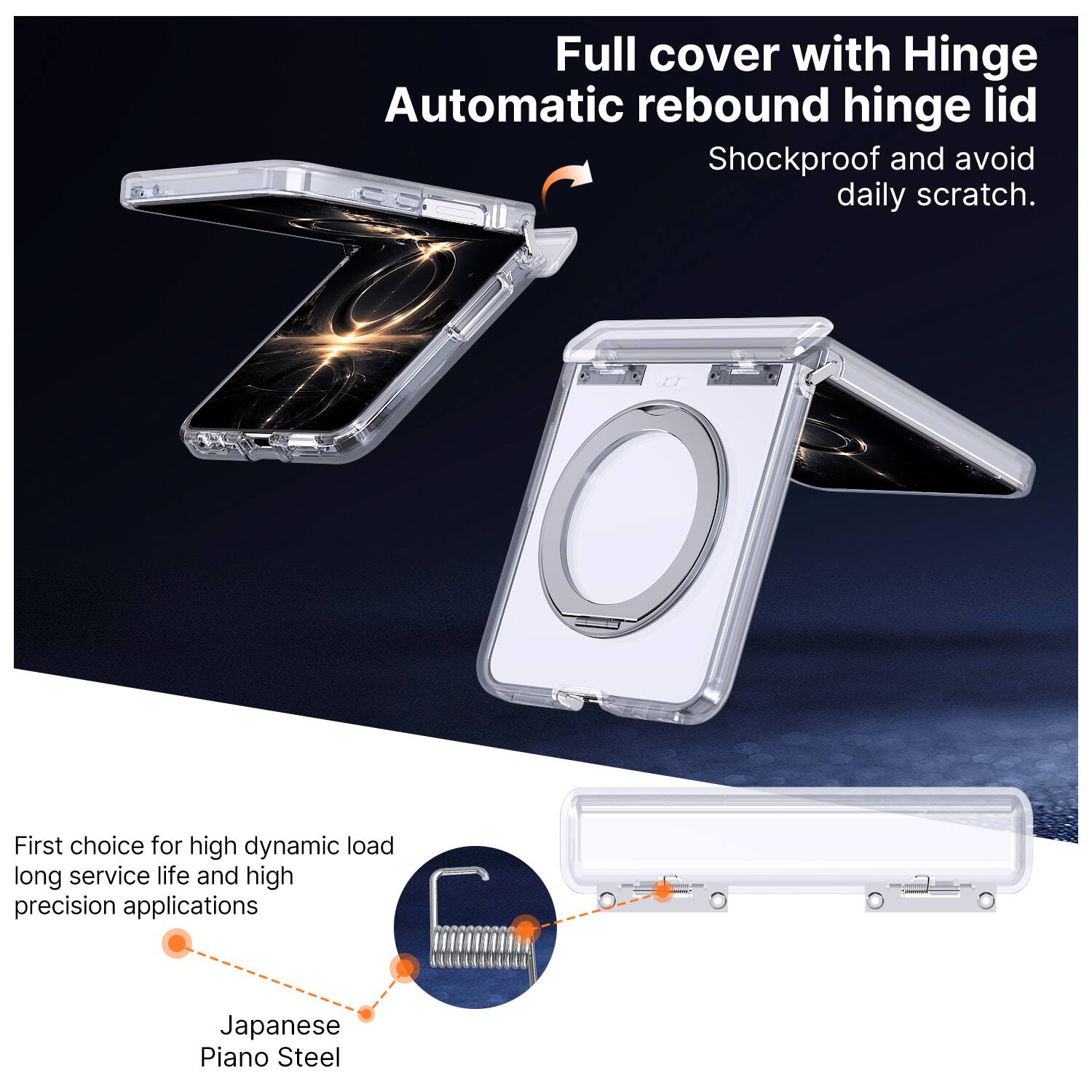 Full cover with Hinge Automatic rebound hinge lid  
Shockproof and avoid daily scratch.  

First choice for high dynamic load long service life and high precision applications  
Japanese Piano Steel