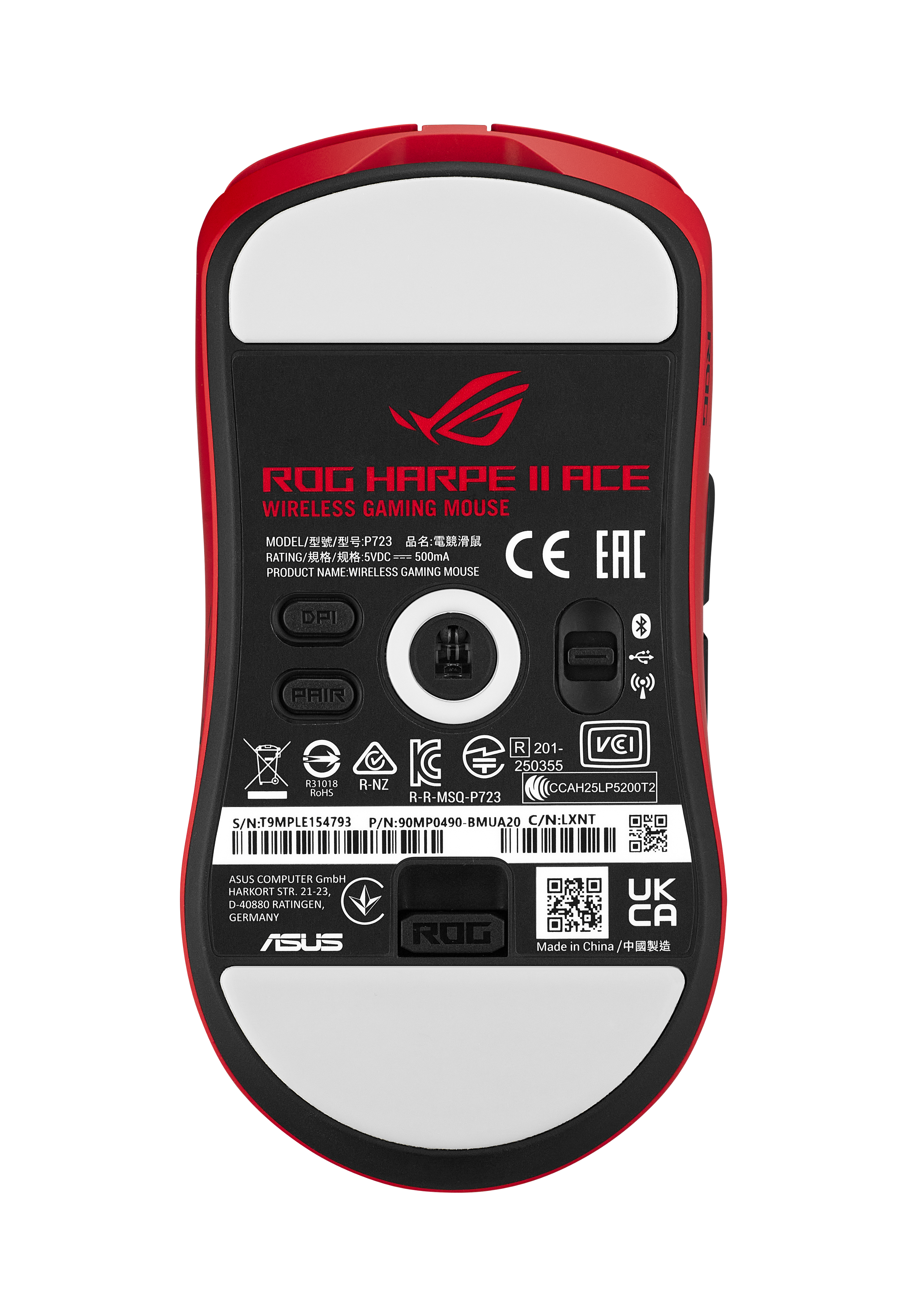 ROG HARPE II ACE  
WIRELESS GAMING MOUSE  

MODEL: P723  
PRODUCT NAME: WIRELESS GAMING MOUSE  
RATING: 5VDC - 500mA  

DPI  
PAIR  

CE EAC  
VCI  
R31018  
R-NZ  
KC  
250355  
RoHS  
CCAH25LP5200T2  
R-R-MSQ-P723  

S/N: T9MPLE154793  
P/N: 90MP0490-BMUA20  
C/N: LXNT  

ASUS COMPUTER GmbH  
HARKORT STR. 21-23, D-40880 RATINGEN, GERMANY  

ASUS ROG UK CA  
Made in China