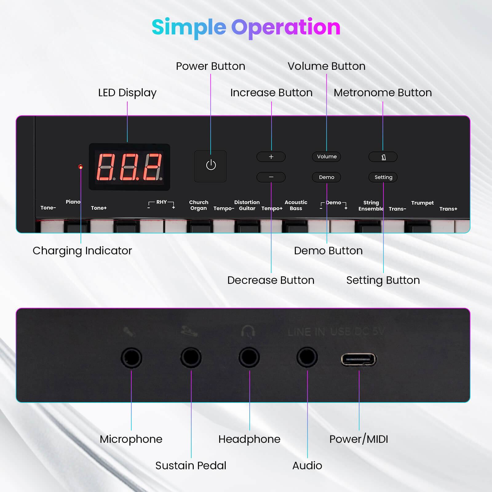 Simple Operation

- Power Button
- LED Display
- Increase Button
- Volume Button
- Metronome Button
- Decrease Button
- Demo Button
- Setting Button
- Charging Indicator

Tone- Piano Tone+ RHY Church Distortion Acoustic Organ Tempo- Guitar Tempo+ Bass String Ensemble Trans- Trans+

LINE IN USB DC 5V

Microphone
Headphone
Sustain Pedal
Audio
Power/MIDI