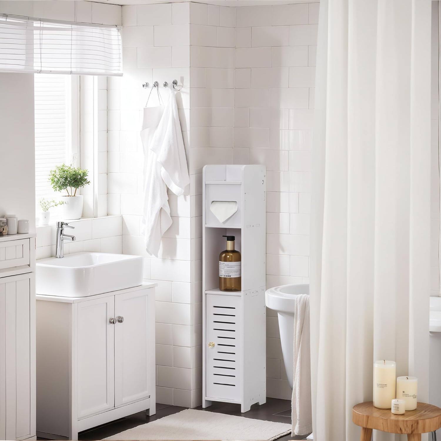 Angle. Vecelo - Narrow Bathroom Storage Cabinet with Toilet Paper Organizer-Space-Saving, Perfect for Small Bathrooms & Next to Toilets - White.