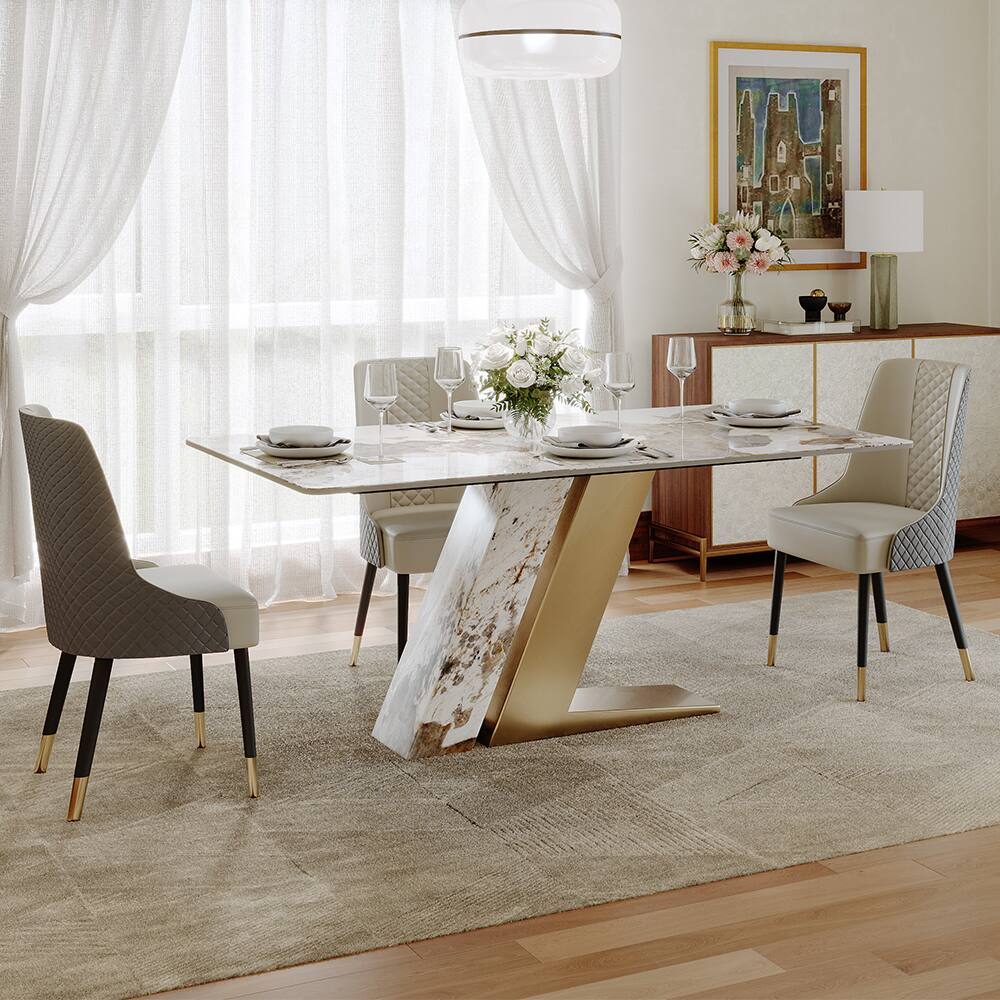 Left. POVISON - 63"Modern Luxury Glossy Gold Sintered Stone Rectangular Dining Table for 4, White & Gold Z-shaped Stainless Steel Base - Pandora & Gold.