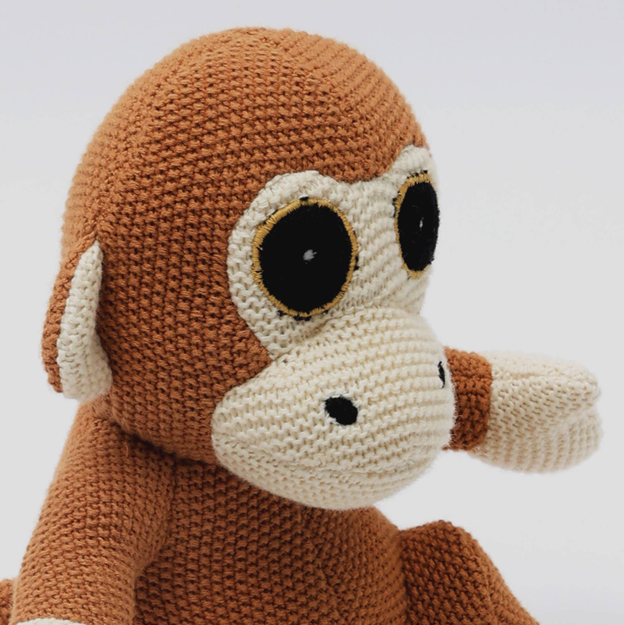 Angle. Siljoy - Handcrafted Cotton Knitted Monkey Plush Toy, 22x26cm, Soft, Eco-Friendly, Gift for All Ages - Apricot Brown.