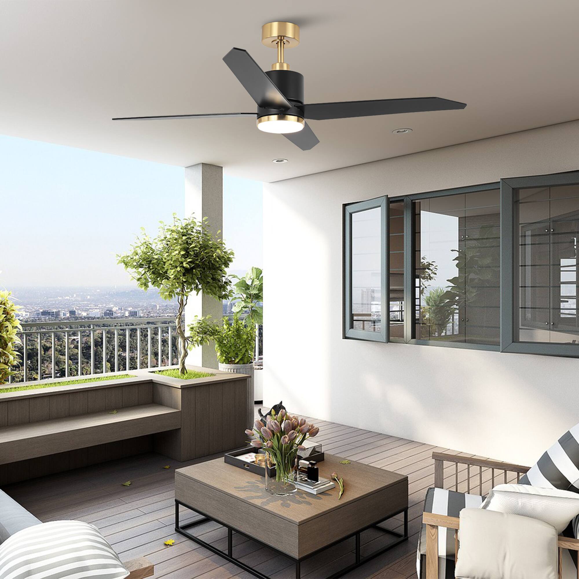 Alt View 2. Parrot Uncle - 52" Black Wood 4-Blade Dimmable Modern Ceiling Fan with Light and Remote - Black.