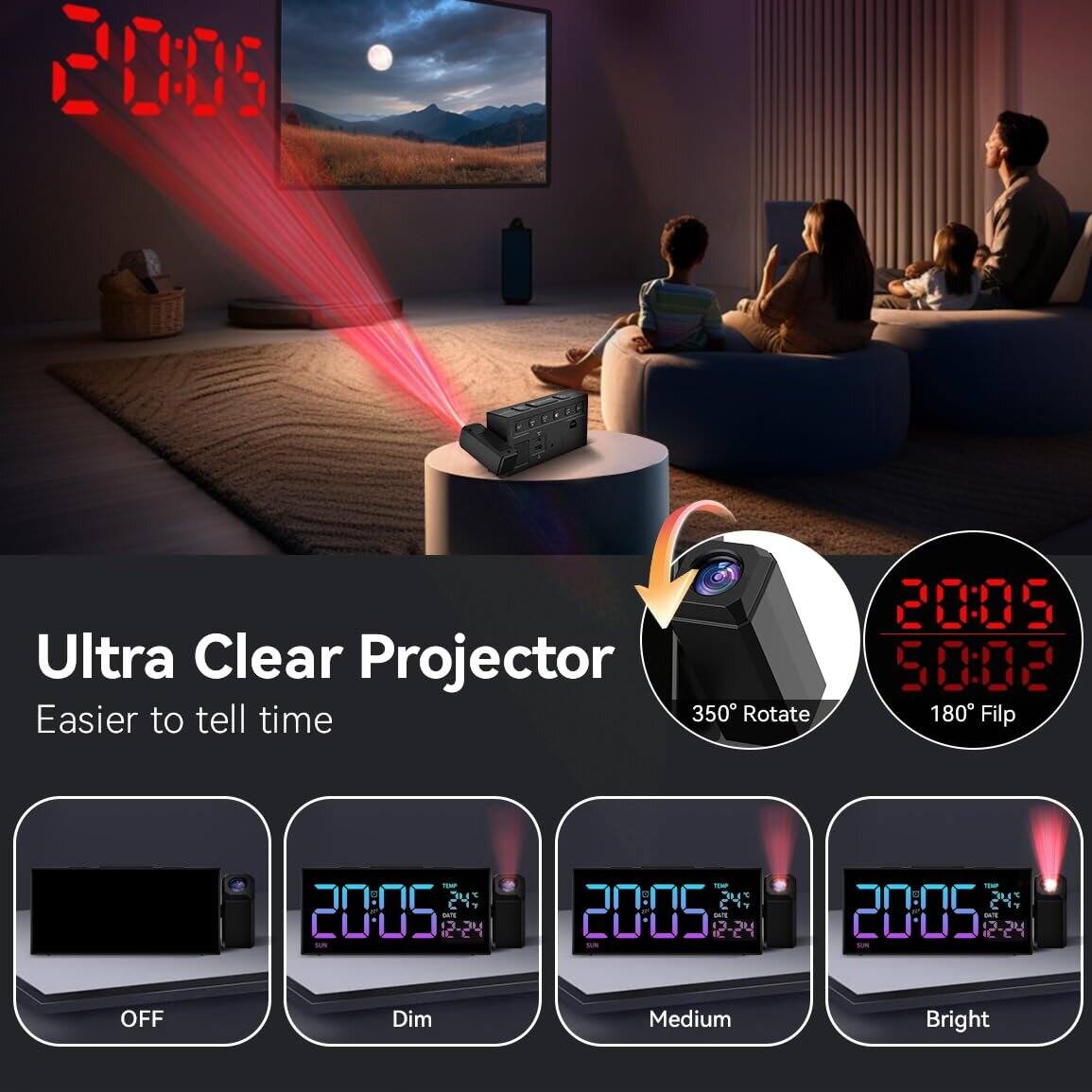 2005 Ultra Clear Projector  
Easier to tell time  

350° Rotate  
20:09 50:08 180° Flip  

24+  
20:05 12-24  

OFF Dim Medium Bright
