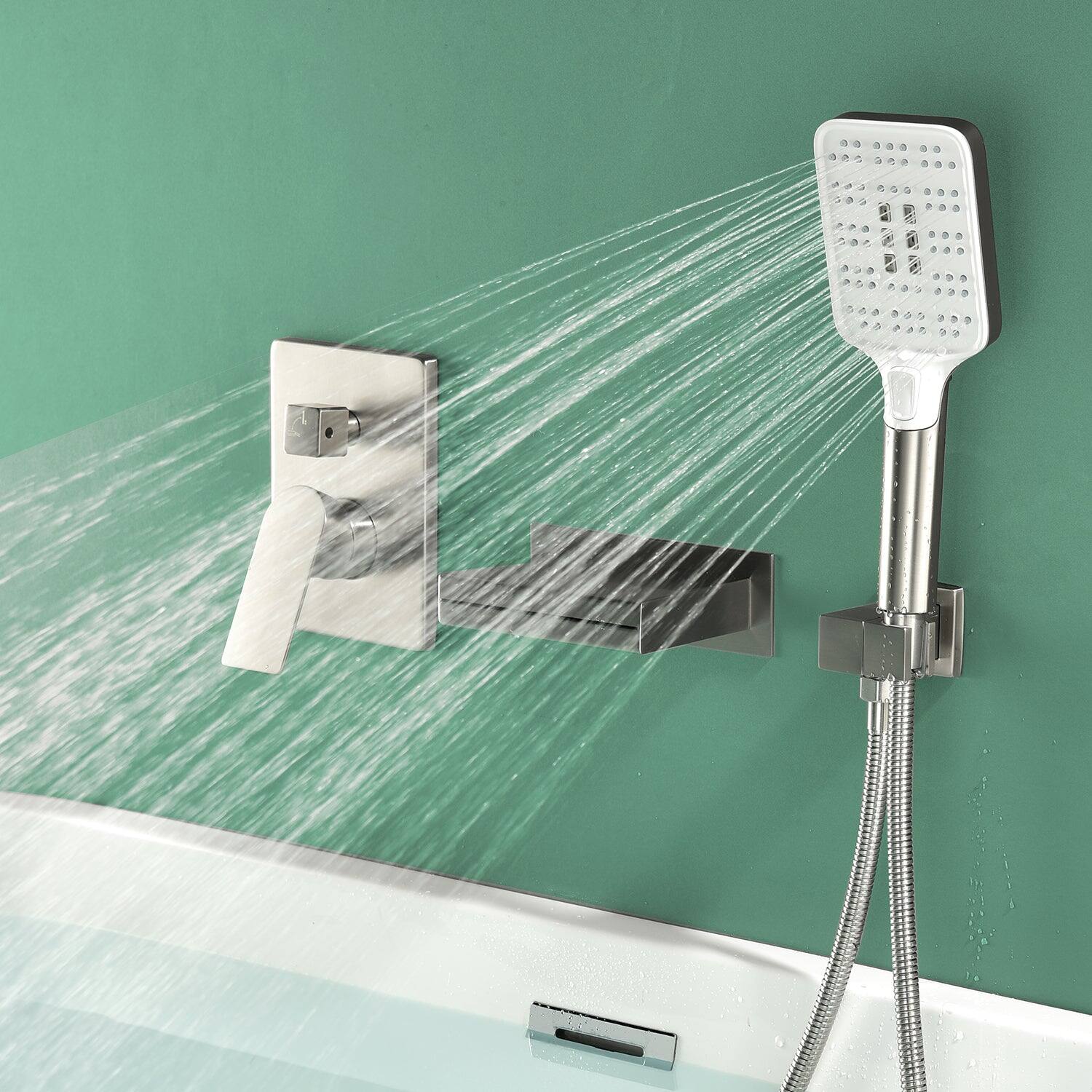 Alt View 4. Boyel Living - Brushed Bathtub Faucet 2-Function Brass Pressure Balance Valve 3-Function Hand Shower 1.5m SUS304 Hose - Brushed Nickel.