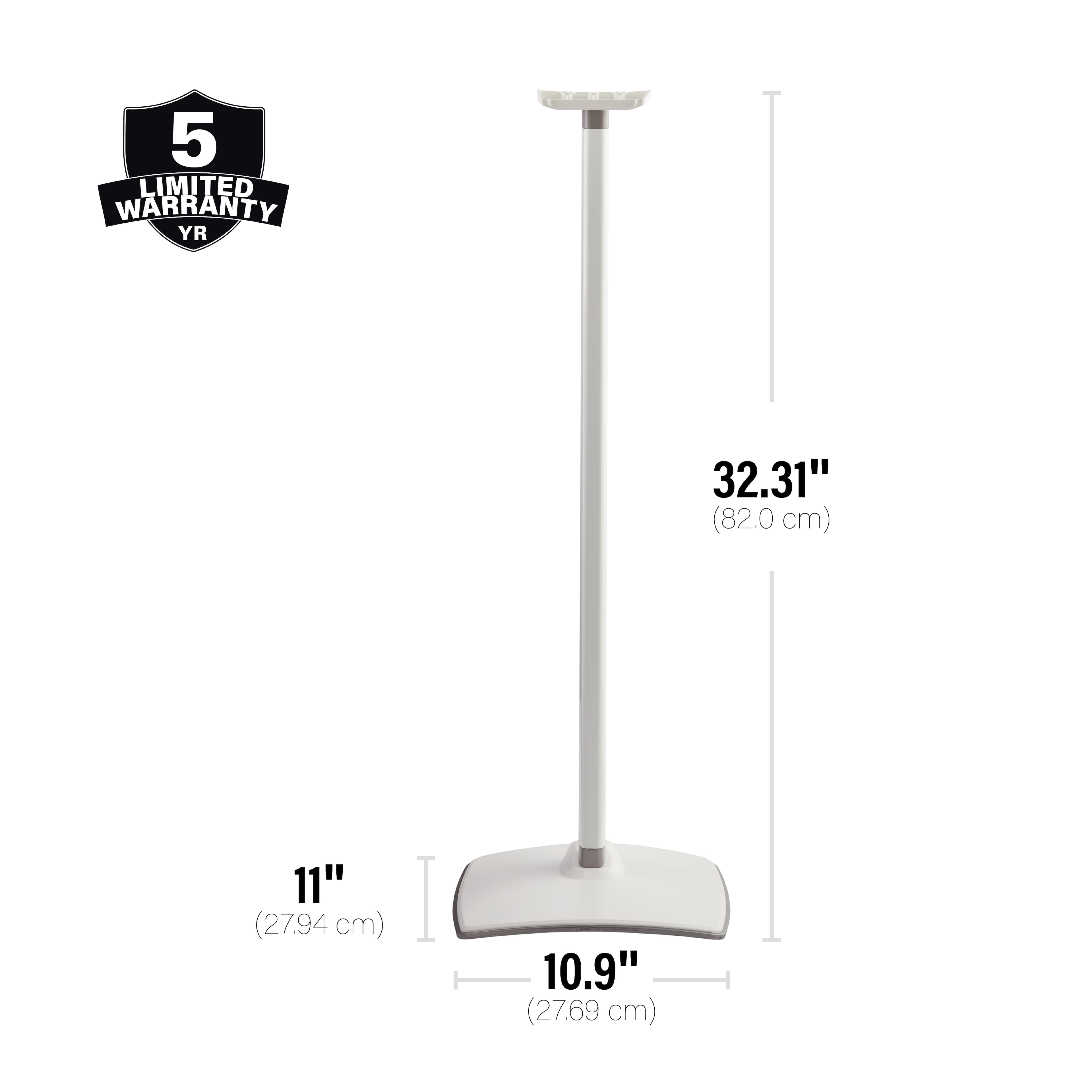 The image features a white desk lamp with a silver pole. The lamp is 32.31 inches (82.0 cm) tall, and the pole is 10.9 inches (27.69 cm) wide. The lamp is designed to provide ample lighting for various tasks, and it comes with a limited 5-year warranty.