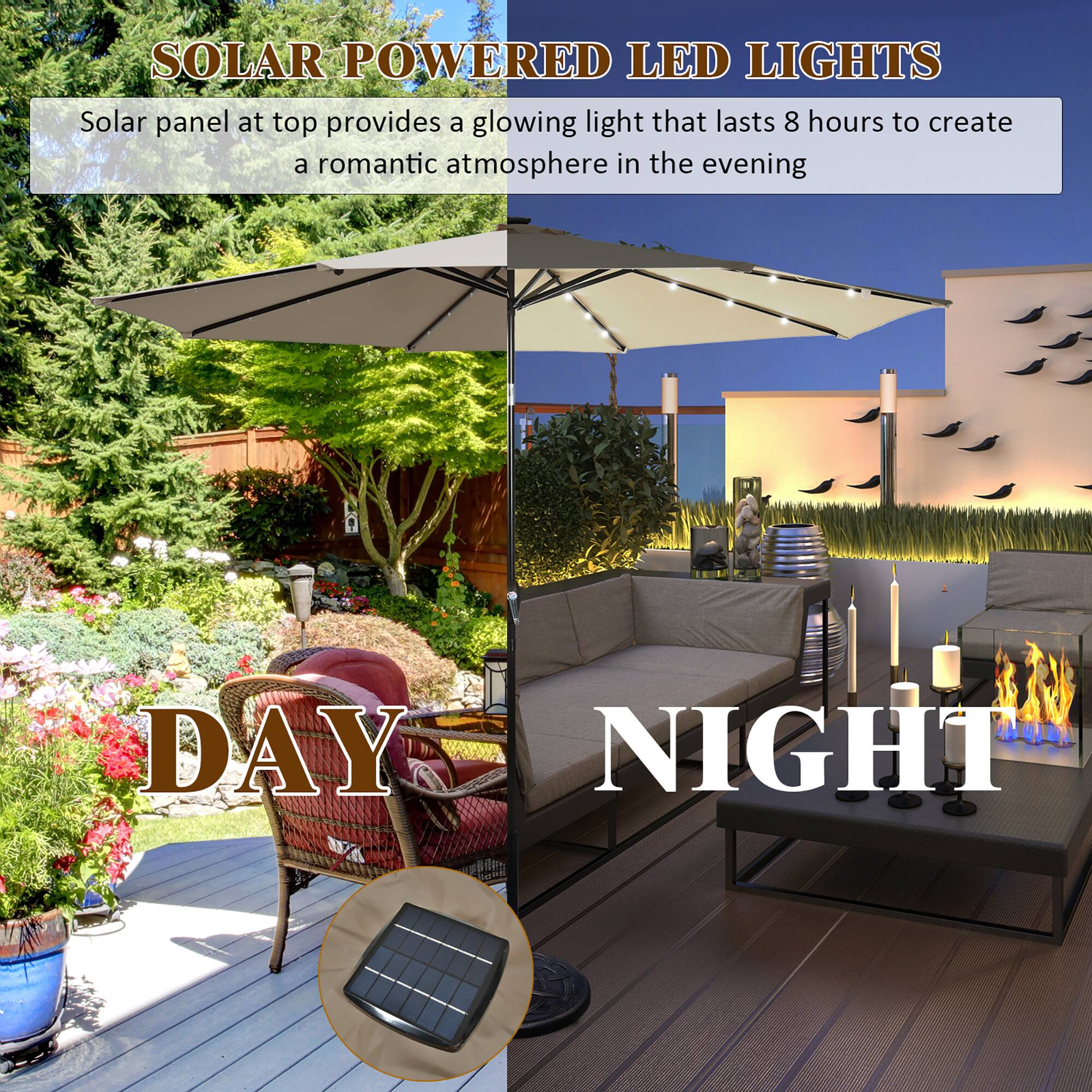 Solar Powered LED Lights: Solar panel at top provides a glowing light that lasts 8 hours to create a romantic atmosphere in the evening.