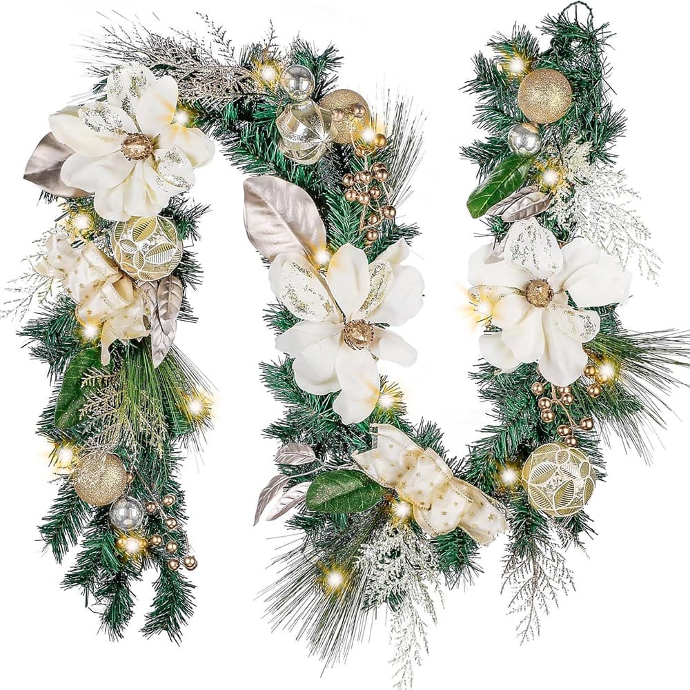 RTMB - 6' Pre-Lit Christmas Garland, White & Gold, Indoor/Outdoor Holiday Decor - White/Gold, Size: 6 feet