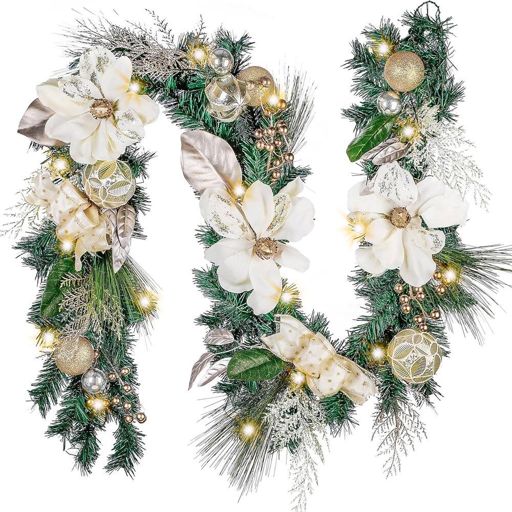 Front. RTMB - 6' Pre-Lit Christmas Garland, White & Gold, Indoor/Outdoor Holiday Decor - White/Gold, Size: 6 feet.