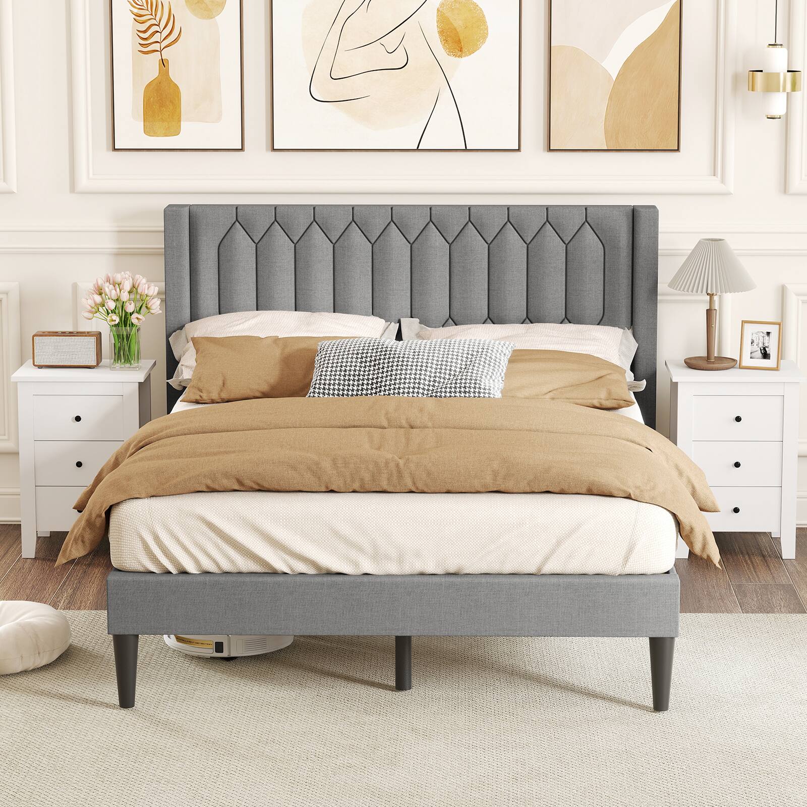 Alt View 1. Gymax - Gymax Queen Size Bed Frame Linen Fabric Upholstered Platform Bed w/Wingback Headboard Gray - Gray.