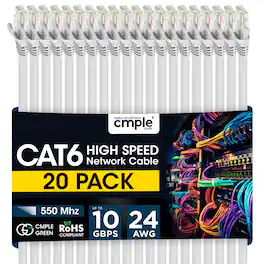 Cmple.com - Cmple - 20 Pack Cat6 Ethernet Cable 7 ft Cat 6 Network Cables, RJ45, 10Gbps LAN Patch Cord 550Mhz Cat 6 Wire - White