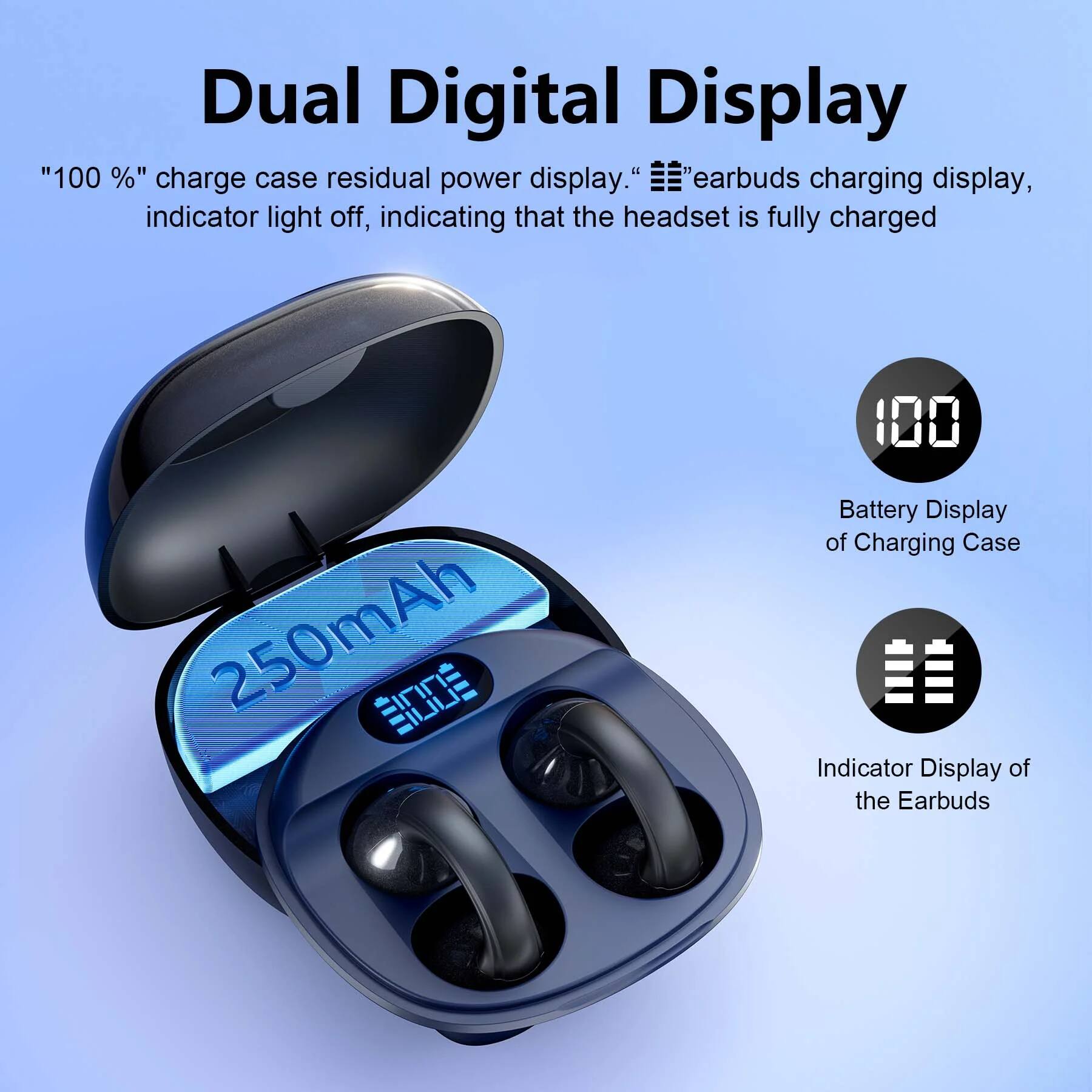 Dual Digital Display

"100 %" charge case residual power display. "III" earbuds charging display, indicator light off, indicating that the headset is fully charged

Battery Display of Charging Case

Indicator Display of the Earbuds