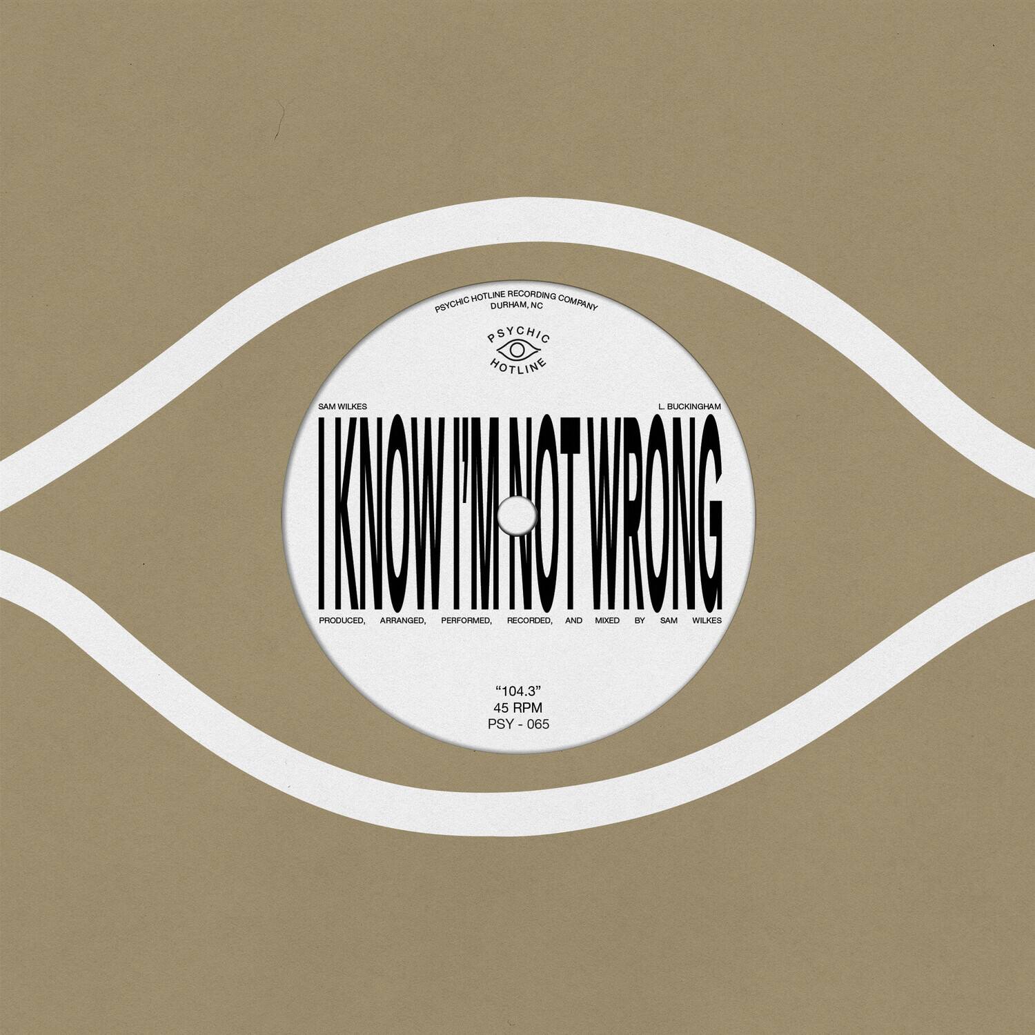 HOTLINE ACCORDING TO PSYCHIC DURHAM NO COMPANY PSYCHIC HOTLINE SAM BUCKINGHAM MOU I - IW PRODUCED ARRANGED PERFORMED. RECORDED BY SAM WILKES "104.3" 45 RPM PSY-065

CORONET COMPANY
PSYCHIC HOTLINE
DURHAM

I KNOW I'M NOT WRONG

PRODUCED, ARRANGED, PERFORMED, RECORDED, AND MIXED BY SAM WILKES

"104.3"
45 RPM
PSY-065