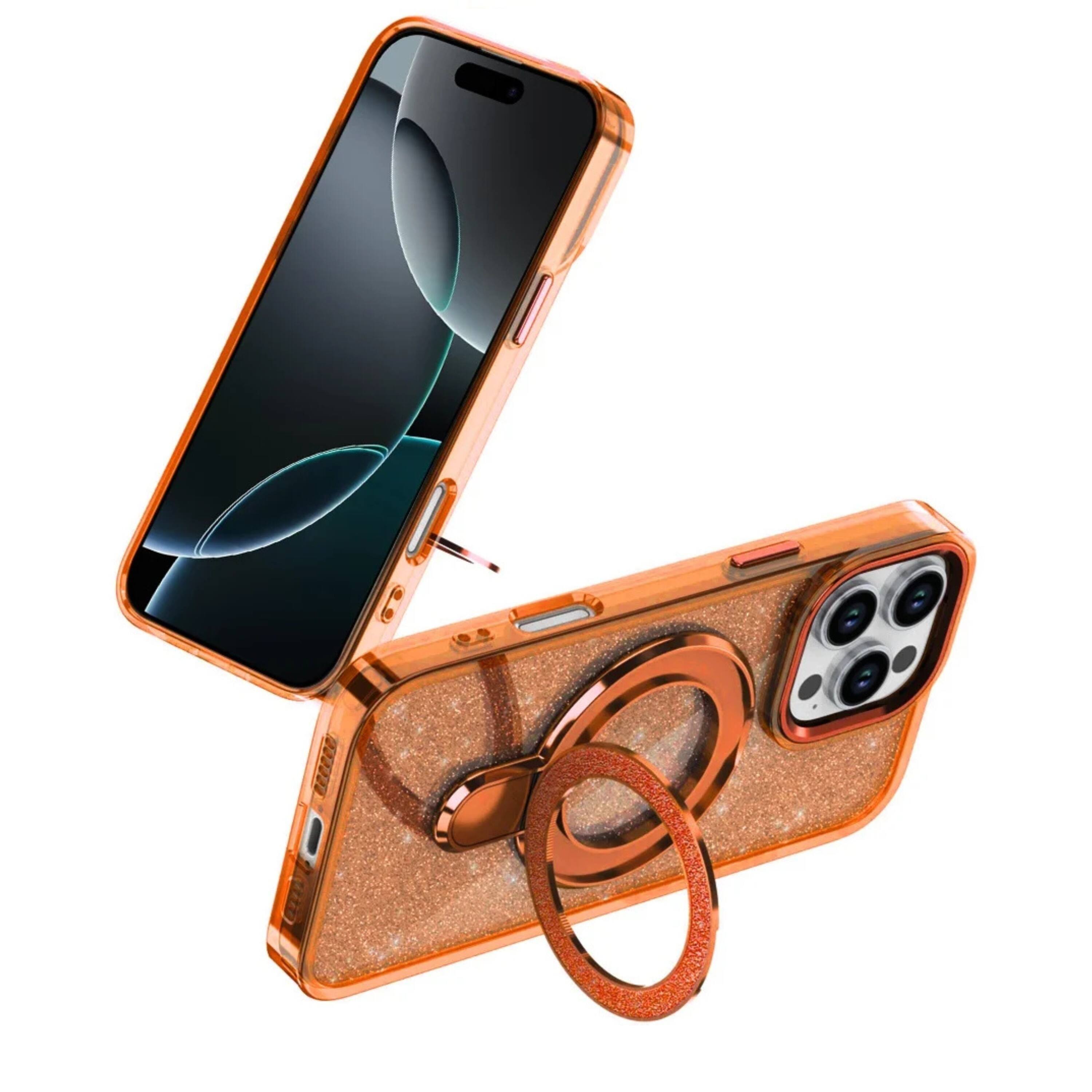 Angle. Kitcheniva - Translucent Glitter Magnetic Circle Phone Case With Tempered Glass For iPhone 16 Pro Max 6.9 Inch Orange - Orange.