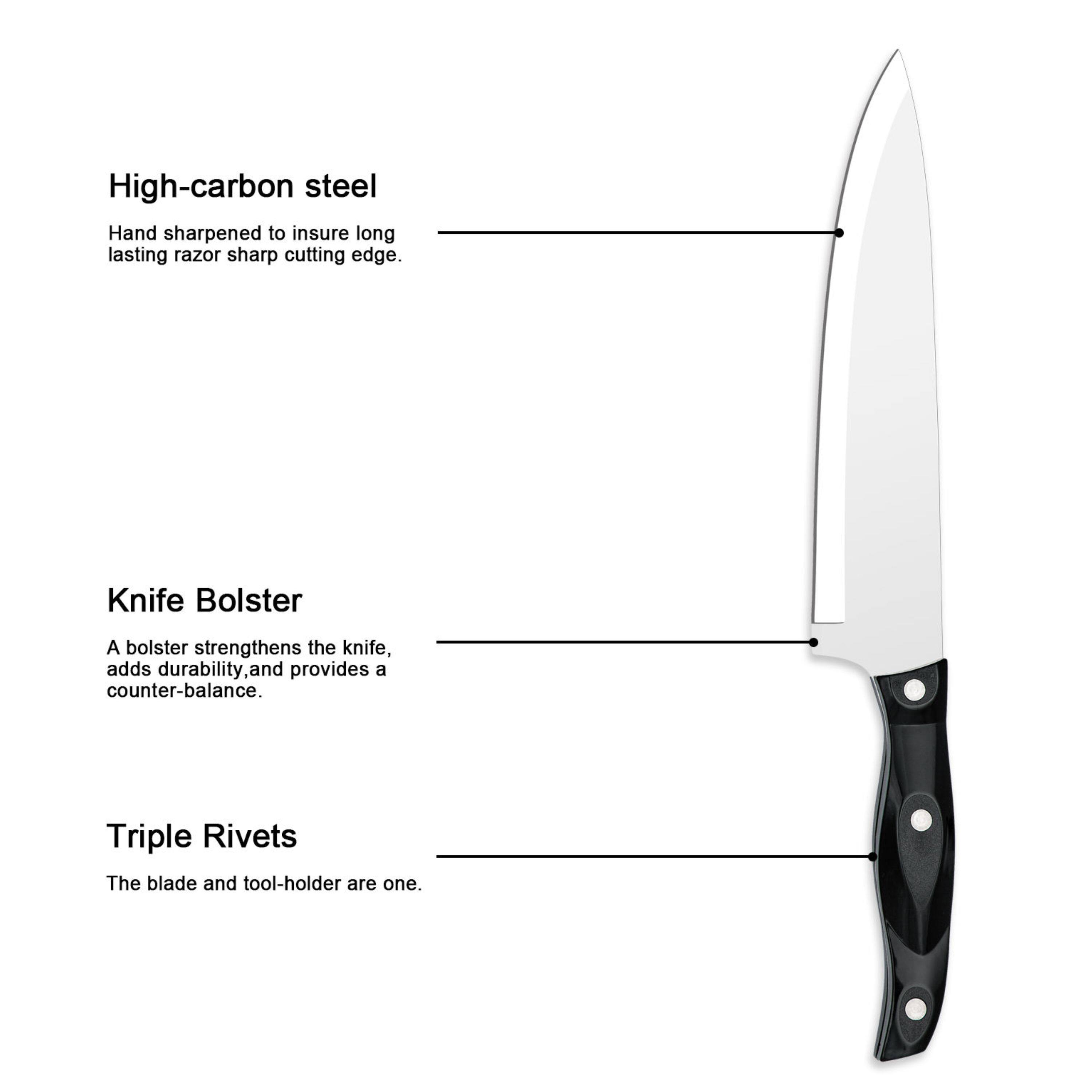High-carbon steel  
Hand sharpened to insure long lasting razor sharp cutting edge.  

Knife Bolster  
A bolster strengthens the knife, adds durability, and provides a counter-balance.  

Triple Rivets  
The blade and tool-holder are one.