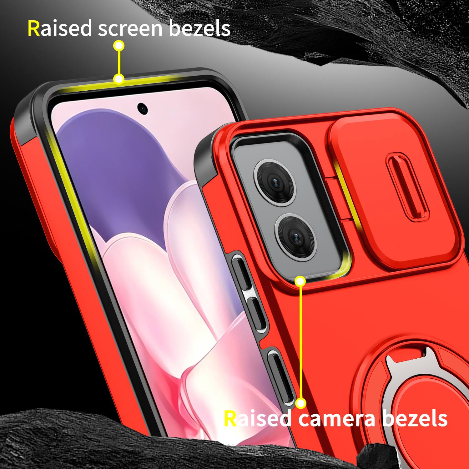 Raised screen bezels  
Raised camera bezels
