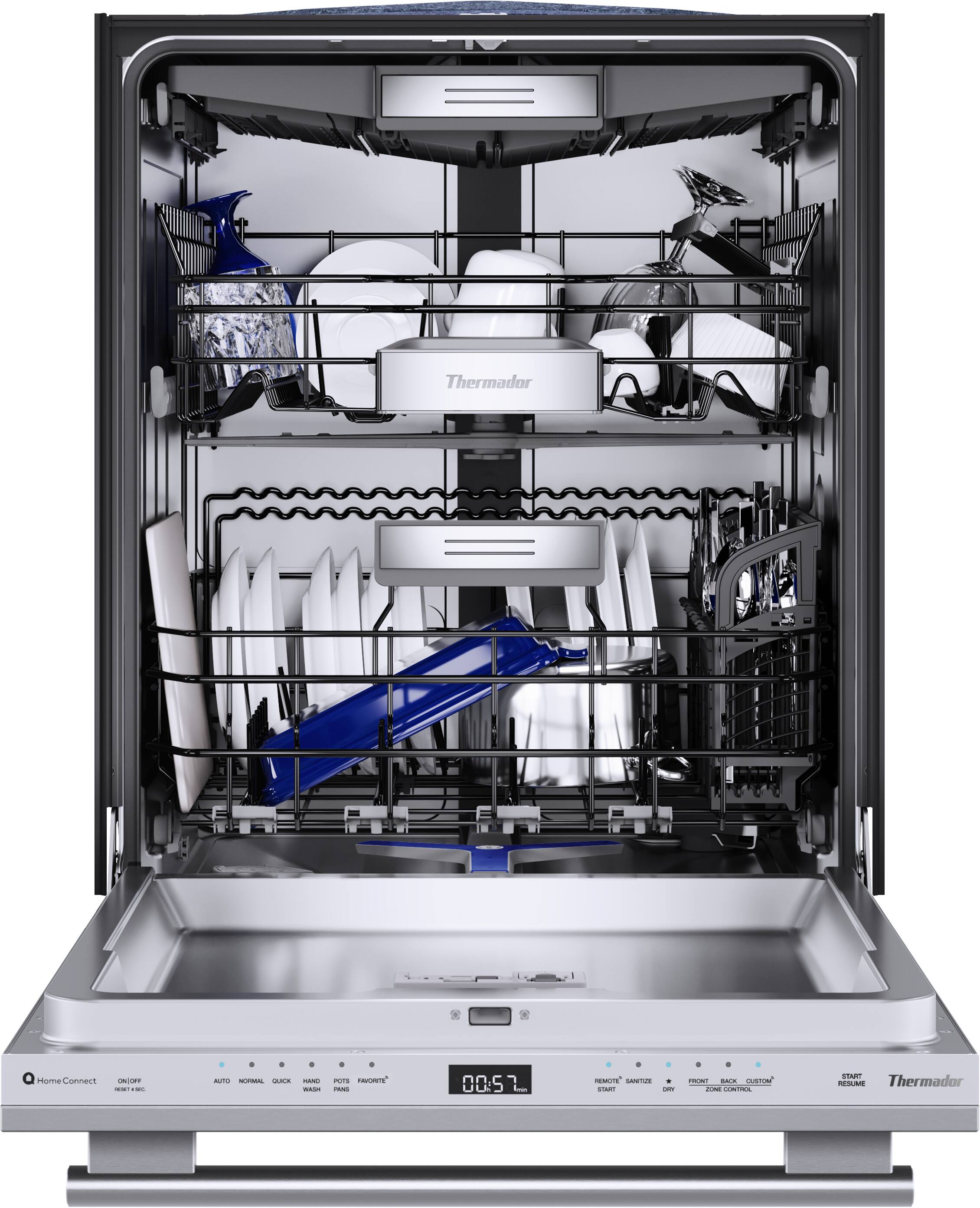 Thermador is a brand of home appliances, including ovens and dishwashers. The image shows a Thermador dishwasher with a full rack of dishes inside. The dishwasher is equipped with a Home Connect feature, which allows users to control and monitor the appliance remotely using a smartphone or tablet. The dishwasher is also equipped with an on/off switch, which can be used to turn the appliance on or off. The dishwasher is filled with dishes, indicating that it is in use or has recently been used.