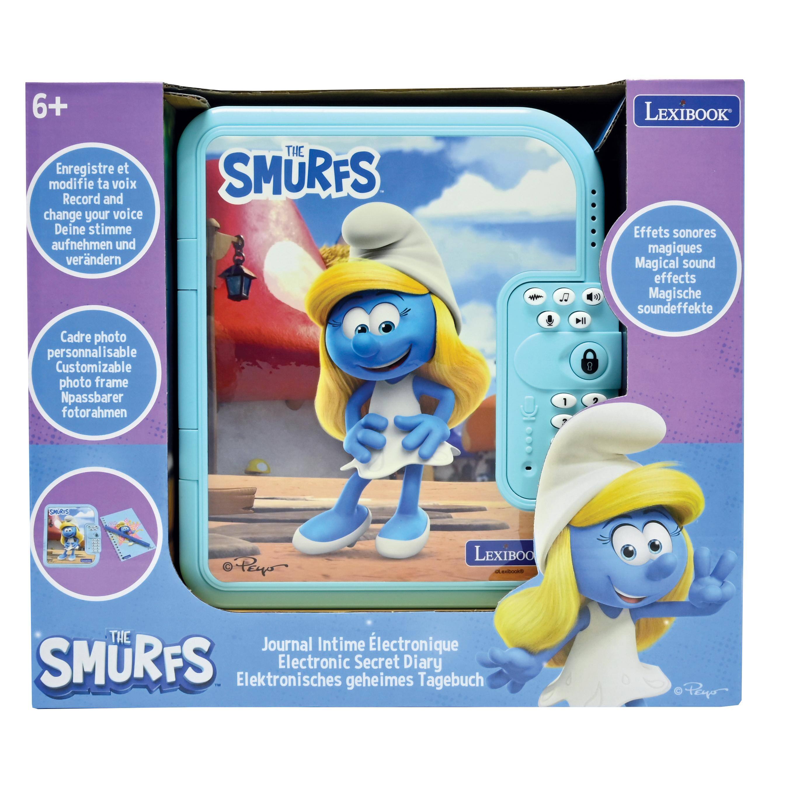 6+  
Enregistre et modifie ta voix  
Record and change your voice  
Deine Stimme aufnehmen und verändern  

Cadre photo personnalisable  
Customizable photo frame  
Npassbarer fotorahmen  

THE SMURFS  
1 4 0 LEXIBOOK  

Effets sonores magiques  
Magical sound effects  
Magische soundeffekte  

Journal Intime Électronique SMURFS  
Electronic Secret Diary  
Elektronisches geheimes Tagebuch