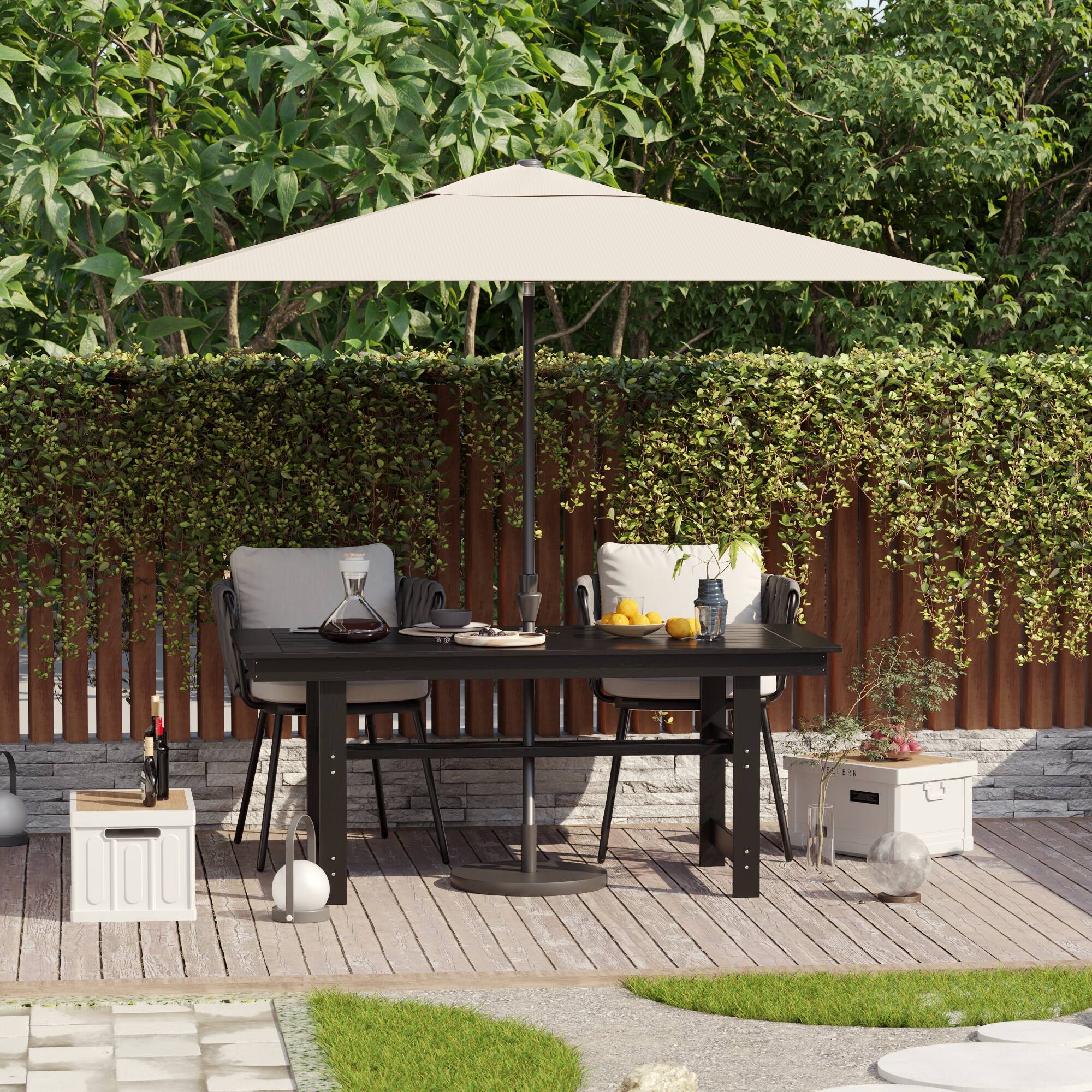 Left. Famapy - HDPE Outdoor Dining Table with Umbrella Hole & Cap - Solid Panel Patio Table for Garden, Backyard, Poolside - Black.