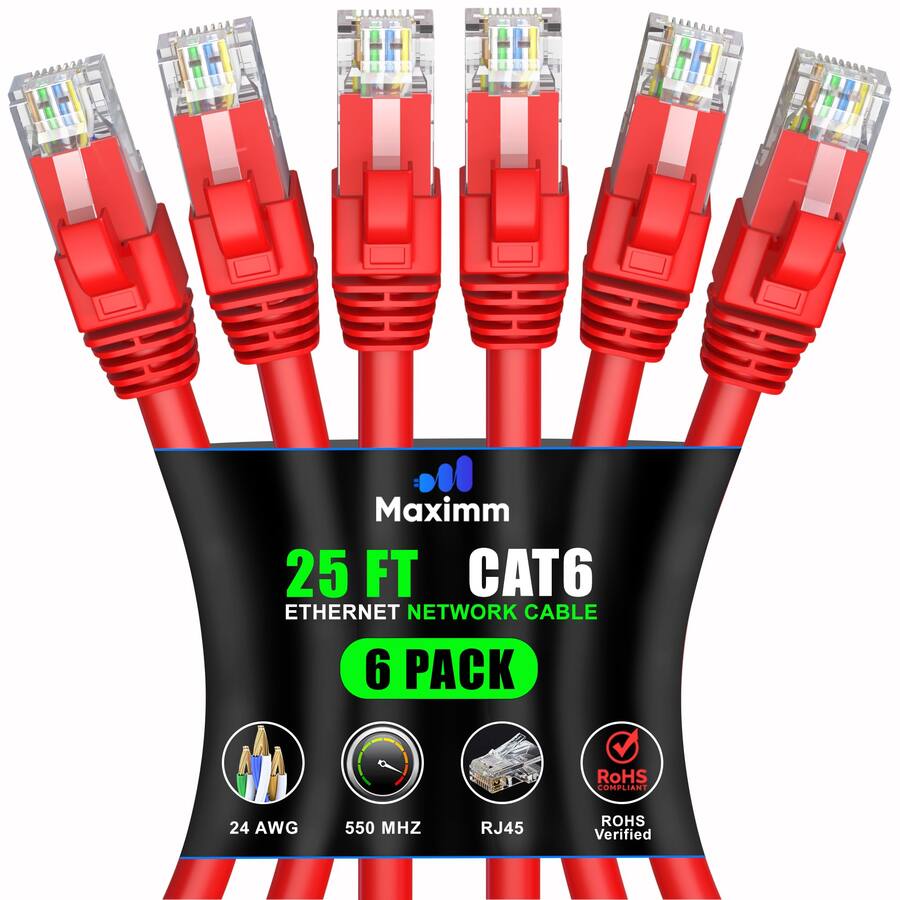 Maximm Cat 6 Ethernet Cable 25 ft (6 Pack) UTP, 10Gbps, 550MHz CAT6-CCA ...