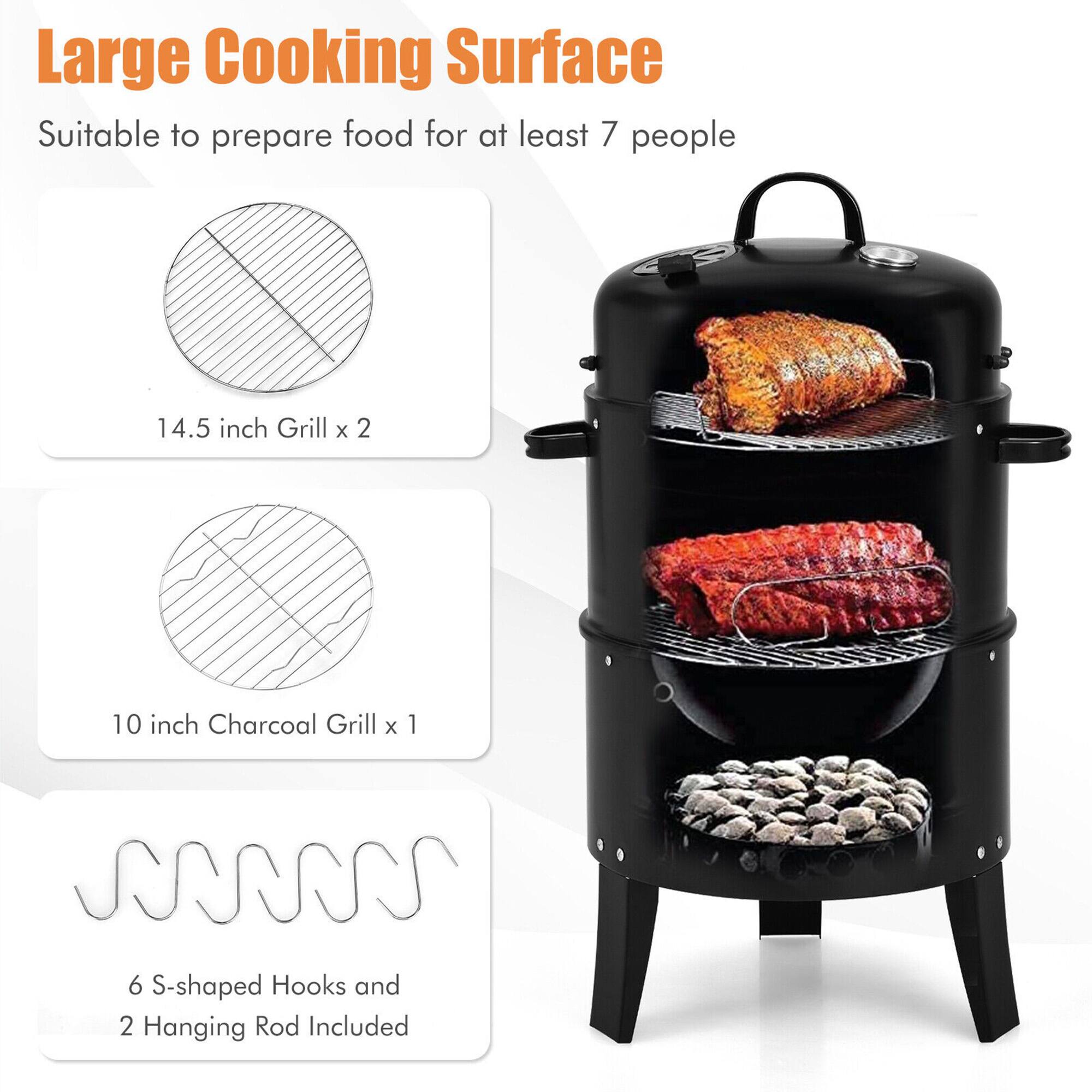 Large Cooking Surface  
Suitable to prepare food for at least 7 people  

14.5 inch Grill x 2  
10 inch Charcoal Grill x 1  
6 S-shaped Hooks and 2 Hanging Rod Included