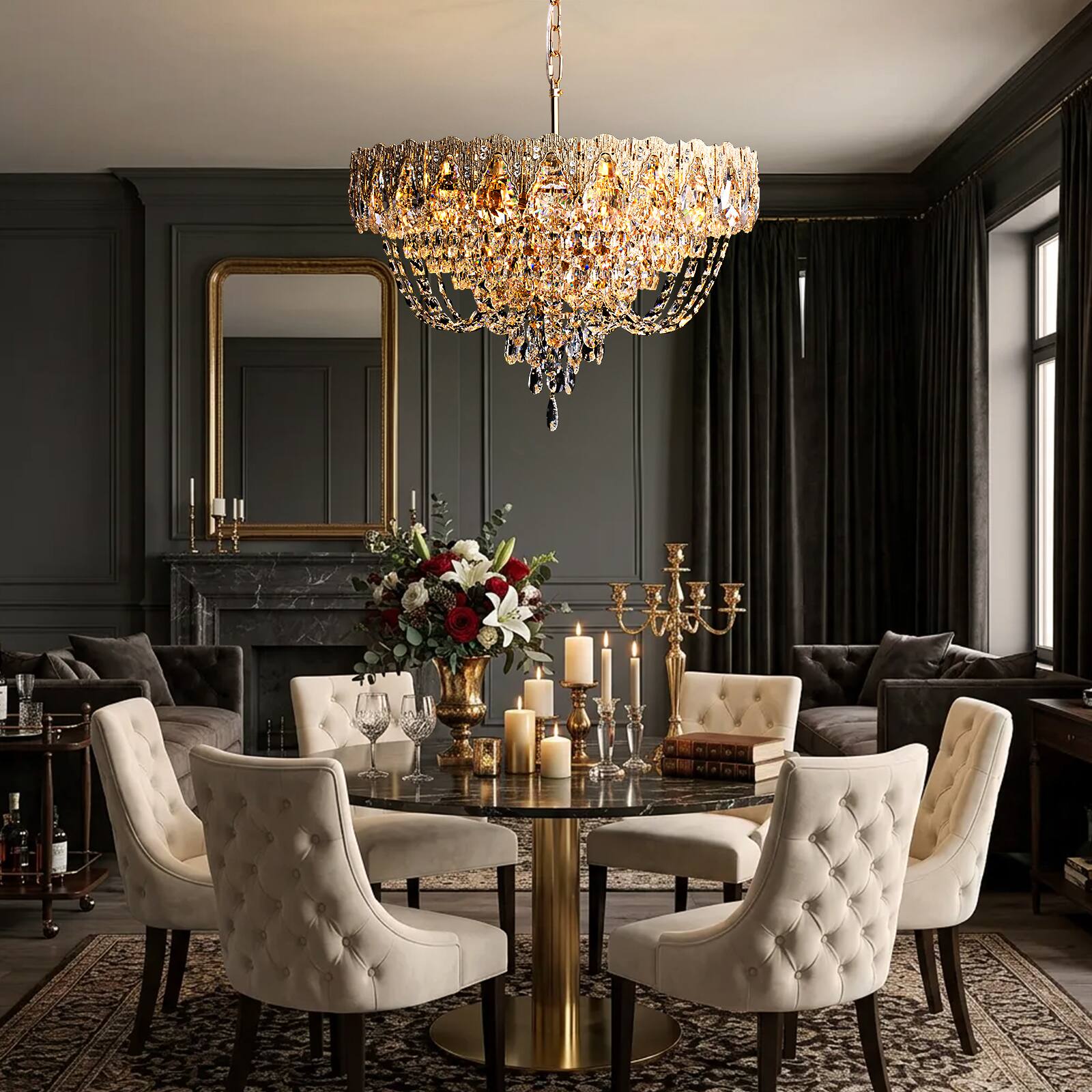 Back. Siljoy - 23.6-in Modern Glam Brass Round K9 Crystal 12-Light E12 Dimmable Adjustable Pendant for Dining Living Foyer - Brass.