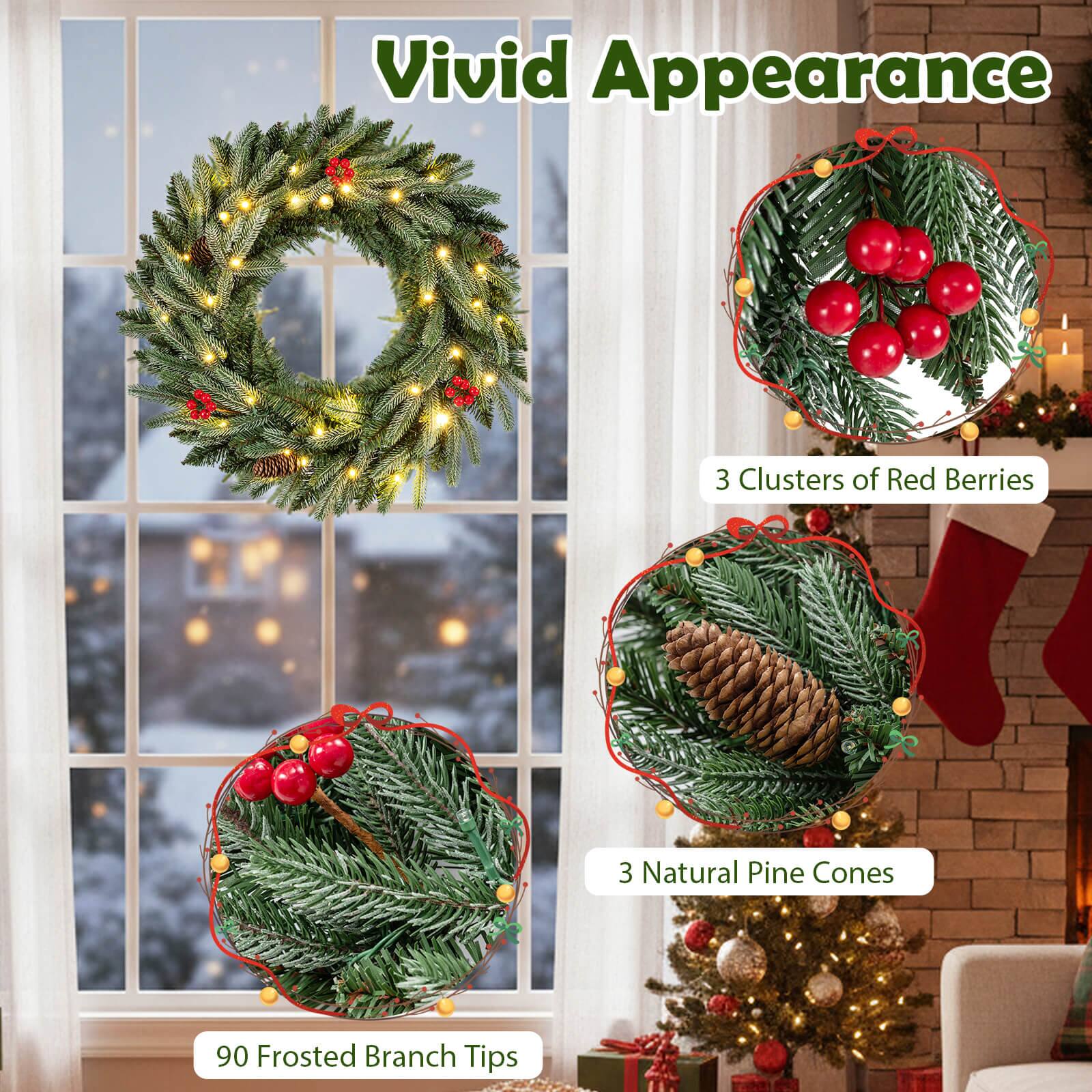 Vivid Appearance

- 3 Clusters of Red Berries
- 3 Natural Pine Cones
- 90 Frosted Branch Tips