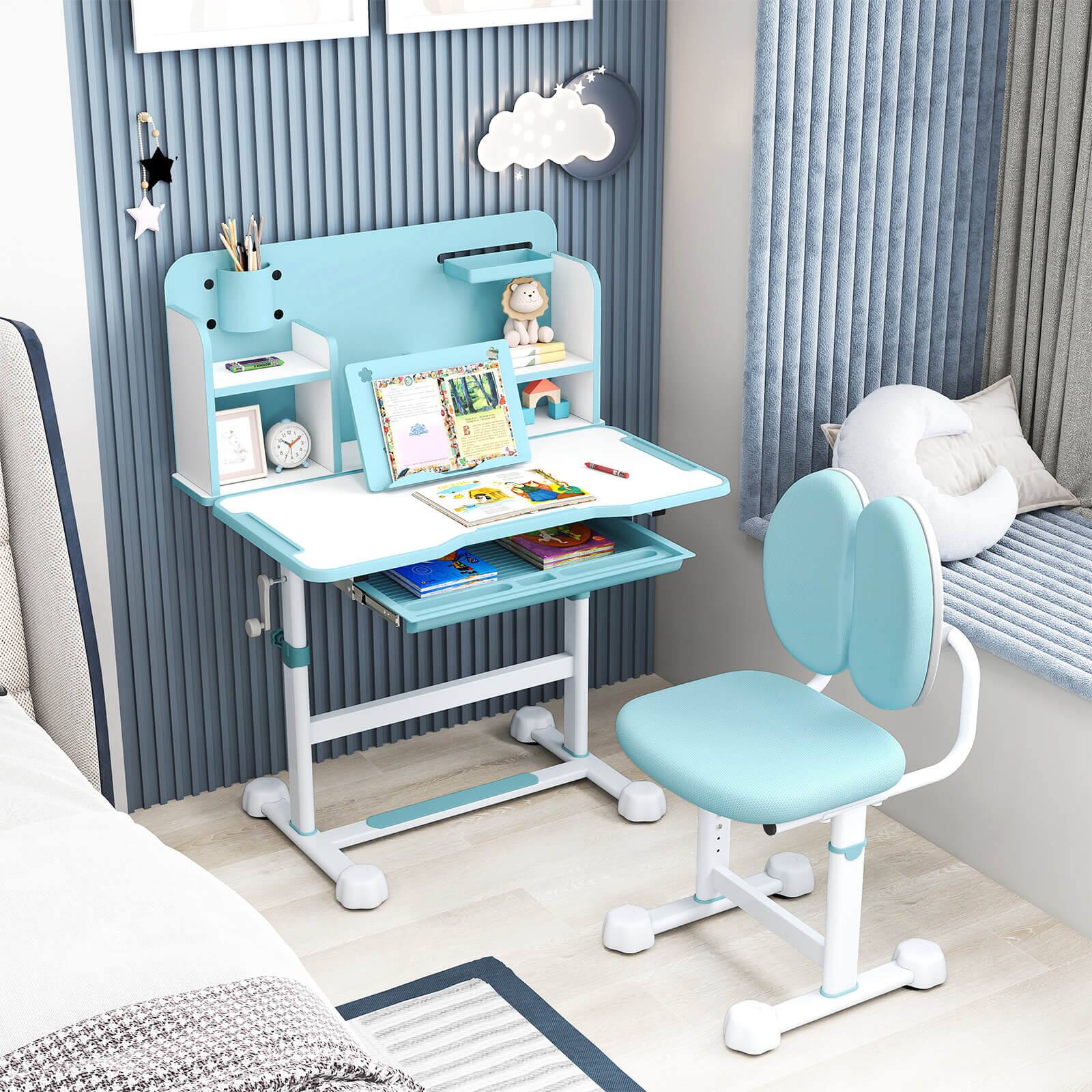 Alt View 1. Costway - Costway Kid's Study Desk & Chair Set with Tilt Desktop, Pen Holder & Tray, Reading Stand - Blue.