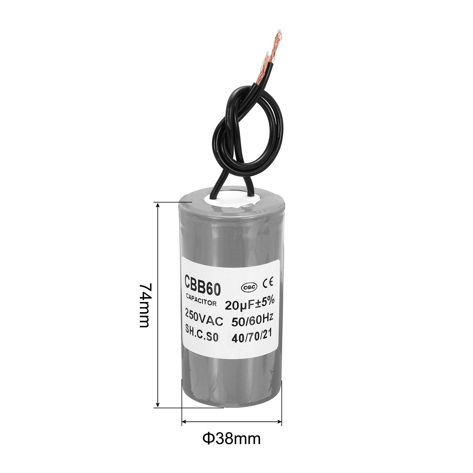 74mm CBB60 CGC CE CAPACITOR 20µF±5% 250VAC 50/60Hz SH.C.SO 40/70/21 38mm