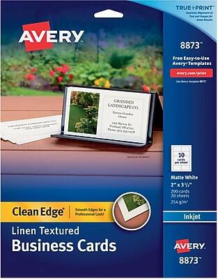 **Avery 8873**
**TRUE+PRINT**
Improves alignment of text and images for great results
**Free Easy-to-Use Avery Templates**
avery.com/print
Use Avery template 8873
**GRANDEN LANDSCAPE CO.**
Dennis Graden
Owner
1234 Riverside Dr.
Portland, OR 97201
Phone: 503-555-0199
**Clean Edge**
Smooth Edges for a Professional Look!
**Linen Textured Business Cards**
Matte White
2" x 3 1/2"
10 cards per sheet
200 cards
20 sheets
254 g/m²
Inkjet
**Avery 8873**