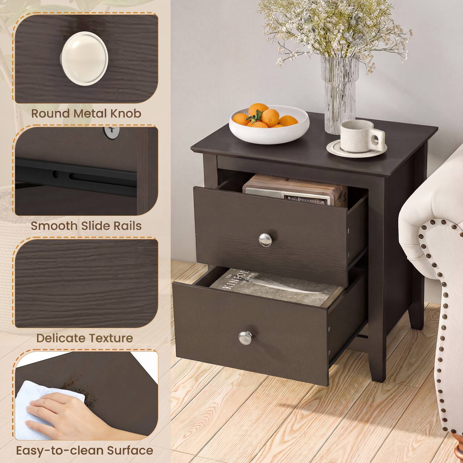 Round Metal Knob  
Smooth Slide Rails  
Delicate Texture  
Easy-to-clean Surface