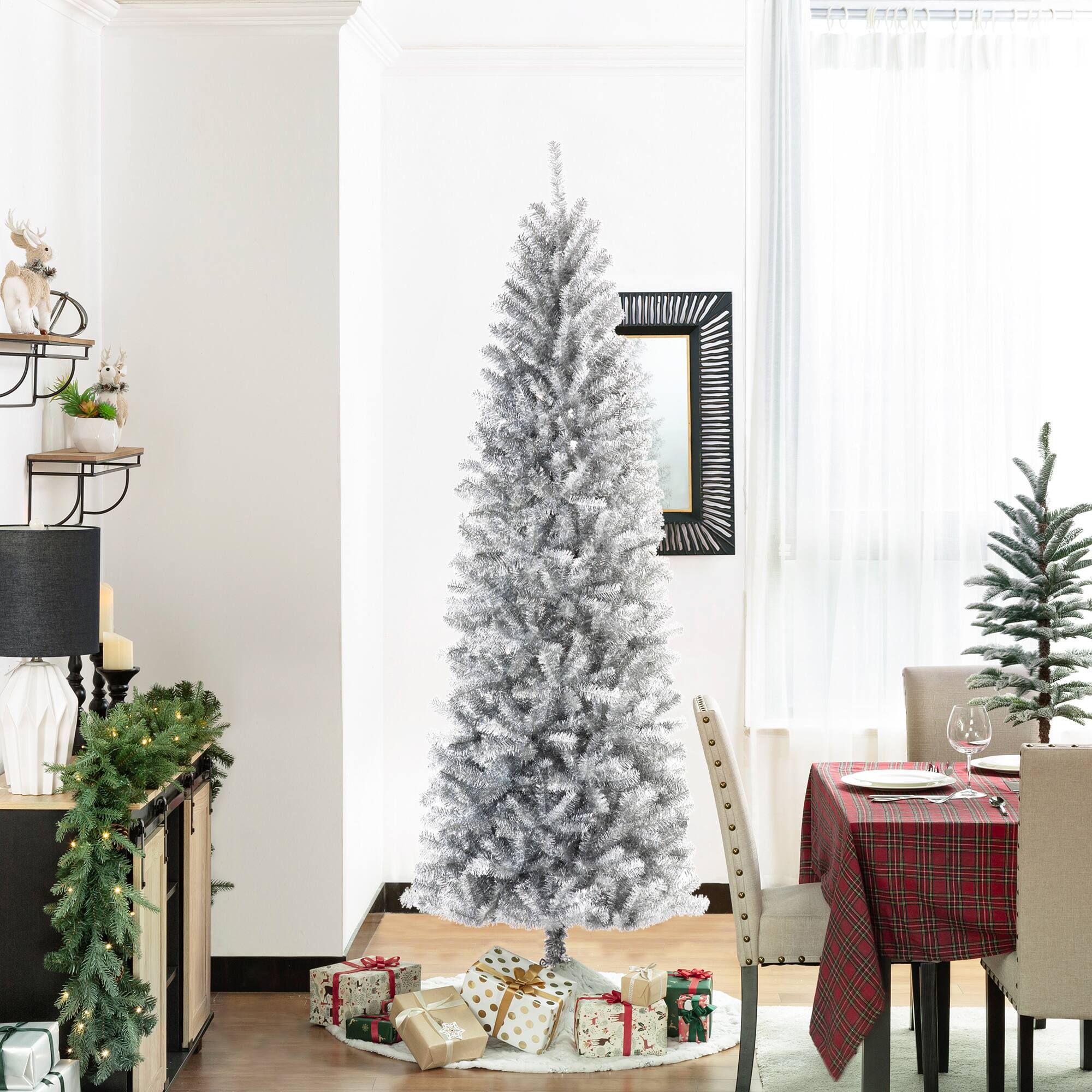 Alt View 6. Glitzhome - 7.5ft Pencil Tinsel Artificial Christmas Tree - White.