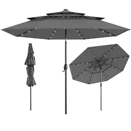 Gymax - 10 FT Solar Patio Umbrella w/ 32 LED Lights 3-Tier Vented Top Tilt Adjustment - Gray