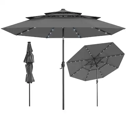 Front. Gymax - Gymax 10 FT Solar Patio Umbrella w/ 32 LED Lights 3-Tier Vented Top Tilt Adjustment Gray - Gray.