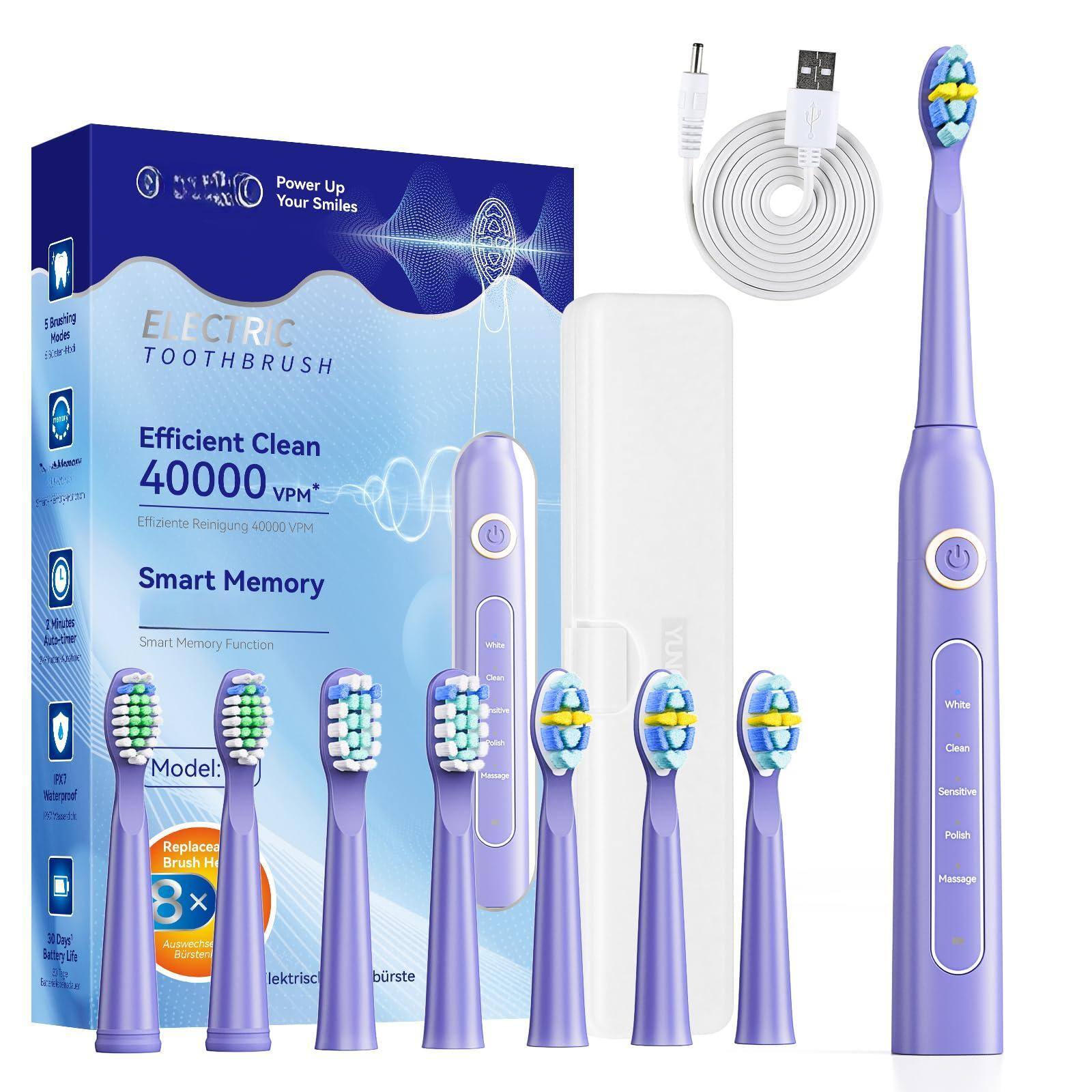 **Power Up Your Smiles**

**ELECTRIC TOOTHBRUSH**

- **Efficient Clean 40000 VPM**  
  Effiziente Reinigung 40000 VPM

- **Smart Memory**  
  Smart Memory Function

- **5 Brushing Modes**  
  5 Bürstenmodi

- **2 Brush Heads**  
  2 Bürstenköpfe

- **IPX7 Waterproof**  
  IPX7 Wasserdicht

- **30 Days Battery Life**  
  30 Tage Batterielebensdauer

- **Replaceable Brush Heads**  
  Aushäkelbare Bürstenköpfe

- **Model:**  
  Hesage Clean Sensitive

- **White**  
  **Clean**  
  **Sensitive**  
  **Polish**  
  **Massage**

- **8x**  
  Aushäkelbare Bürstenköpfe

- **Lecktrische Bürste**  
  elektrische Bürste

- **Podish**