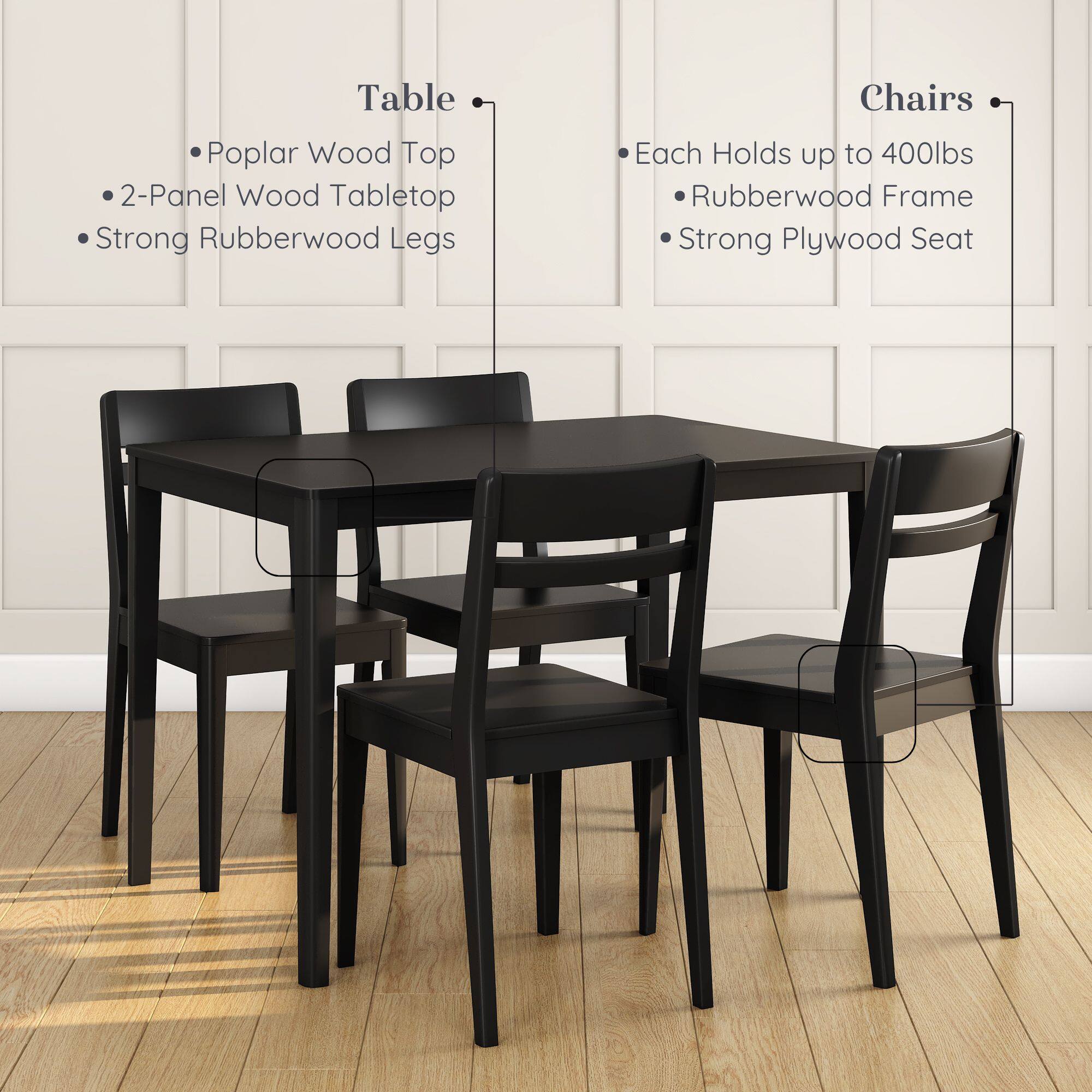 Table:
- Poplar Wood Top
- 2-Panel Wood Tabletop
- Strong Rubberwood Legs

Chairs:
- Each Holds up to 400lbs
- Rubberwood Frame
- Strong Plywood Seat