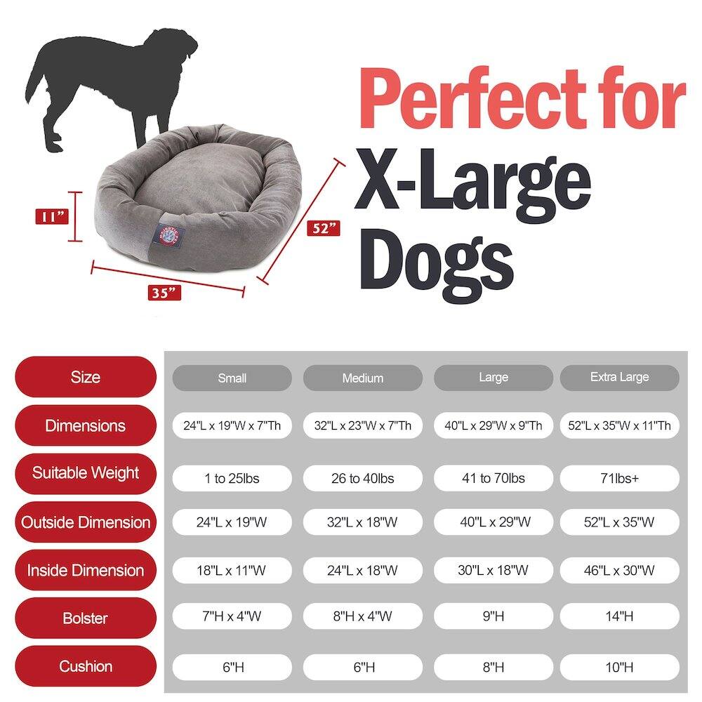 **Perfect for X-Large Dogs**

**Size:**
- Small
- Medium
- Large
- Extra Large

**Dimensions:**
- Small: 24"L x 19"W x 7"Th
- Medium: 32"L x 23"W x 7"Th
- Large: 40"L x 29"W x 9"Th
- Extra Large: 52"L x 35"W x 11"Th

**Suitable Weight:**
- Small: 1 to 25lbs
- Medium: 26 to 40lbs
- Large: 41 to 70lbs
- Extra Large: 71lbs+

**Outside Dimension:**
- Small: 24"L x 19"W
- Medium: 32"L x 18"W
- Large: 40"L x 29"W
- Extra Large: 52"L x 35"W

**Inside Dimension:**
- Small: 18"L x 11"W
- Medium: 24"L x 18"W
- Large: 30"L x 18"W
-