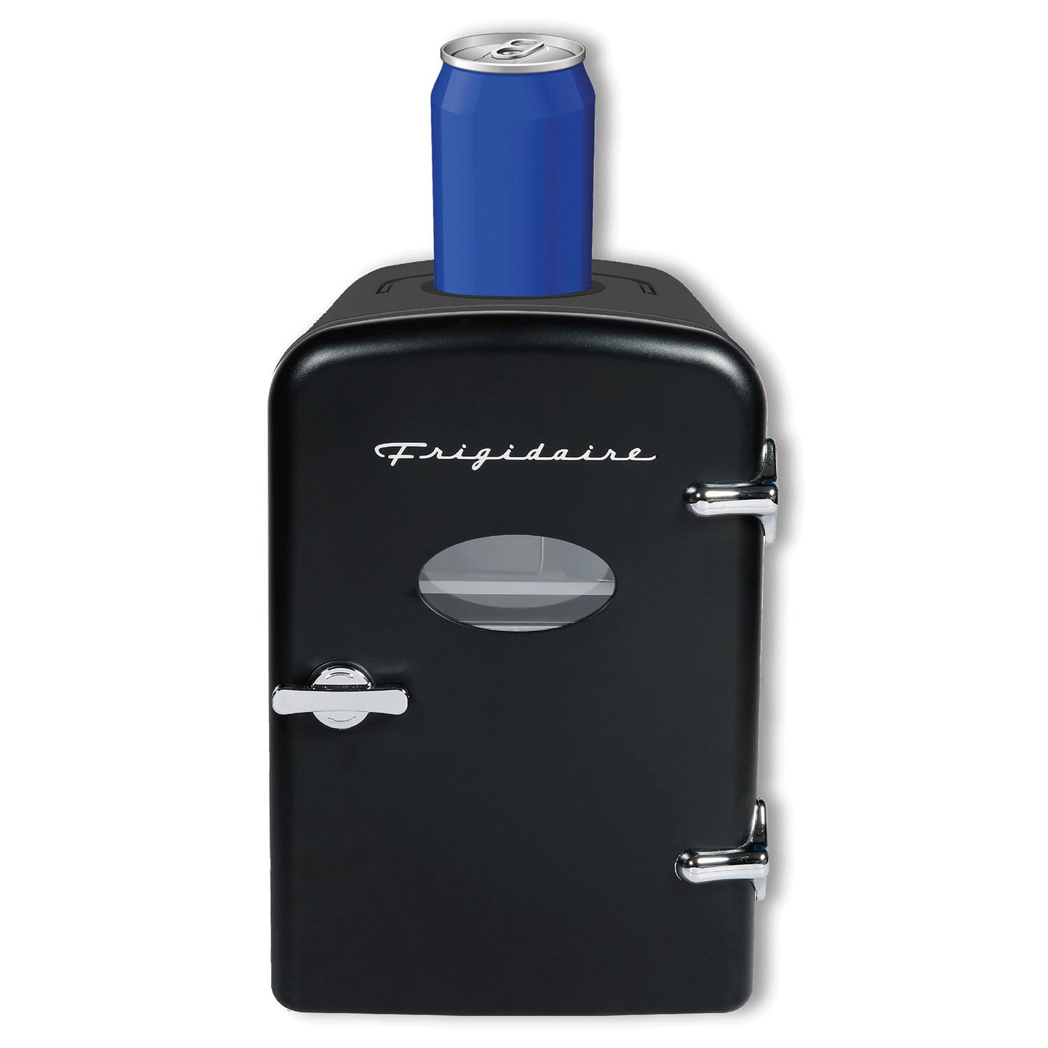 Back. Frigidaire - 6+1-Can 48W Retro Mini Portable Fridge with Top-Mounted Active-Cooling Can Holder - Black.