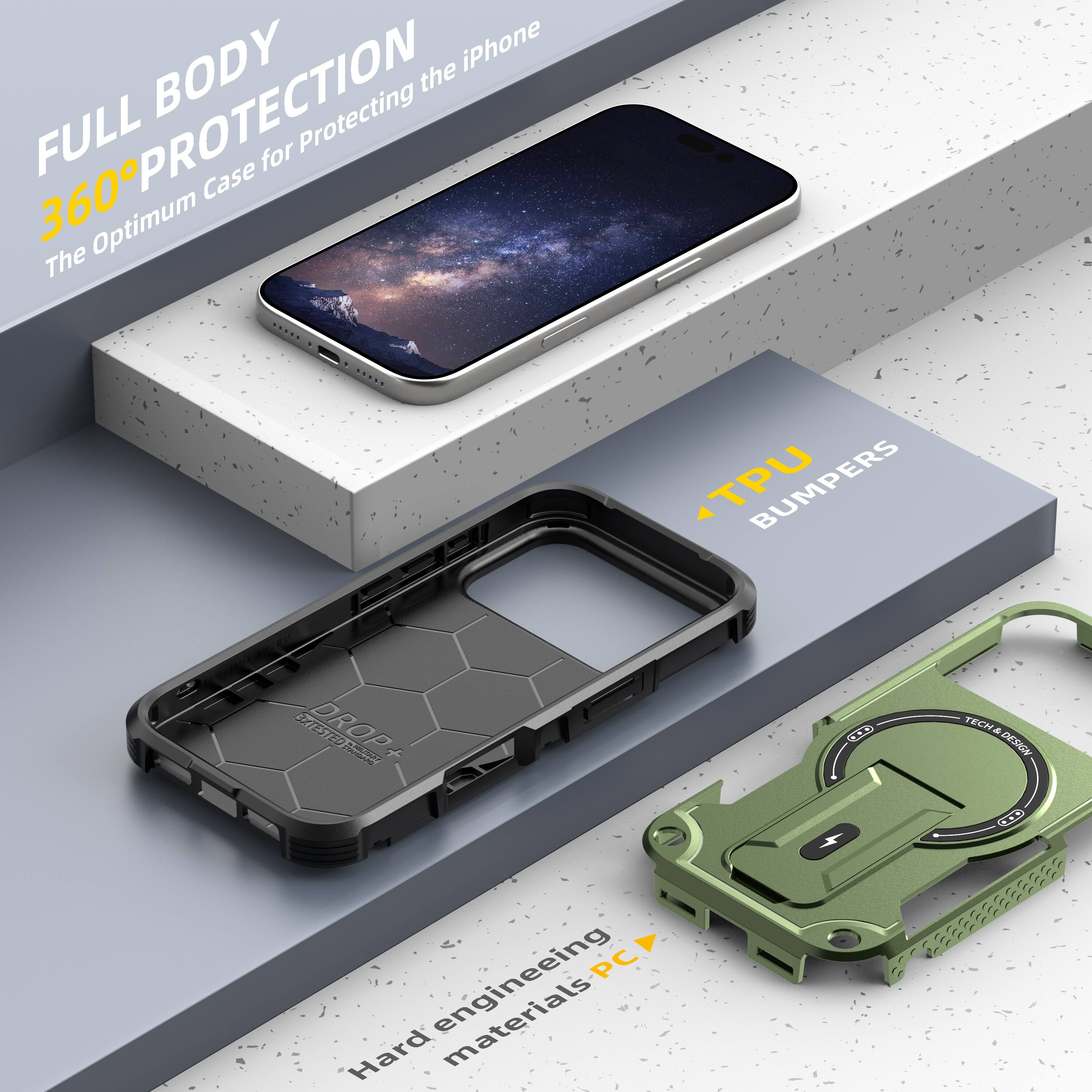 FULL BODY 360° PROTECTION  
The Optimum Case for Protecting the iPhone  

TPU BUMPERS  

DROP TESTED  

Hard engineering materials PC  

TECH & DESIGN