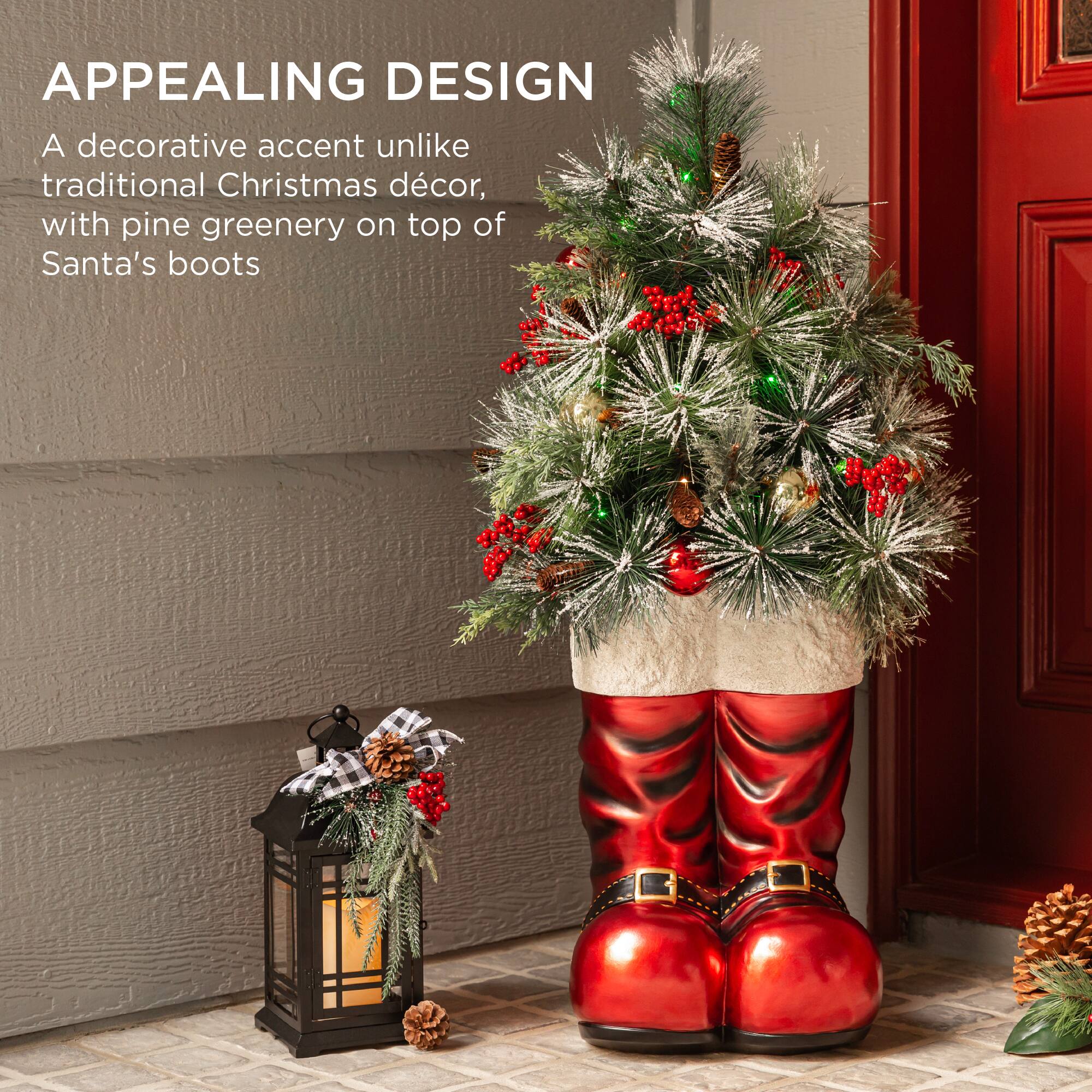 APPEALING DESIGN

A decorative accent unlike traditional Christmas décor, with pine greenery on top of Santa's boots