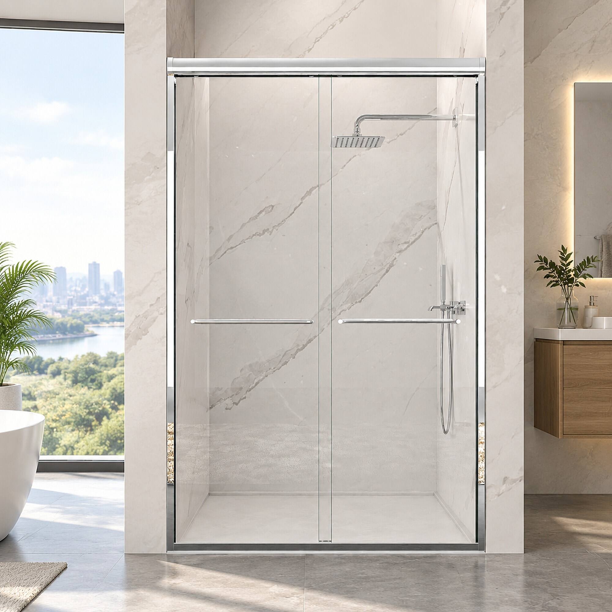 Alt View 4. RYHNUYNE - 44-48" W X 72" H Semi-Frameless Double Sliding Shower Door With 1/4" Tempered Glass, Chrome Finish - Chrome.