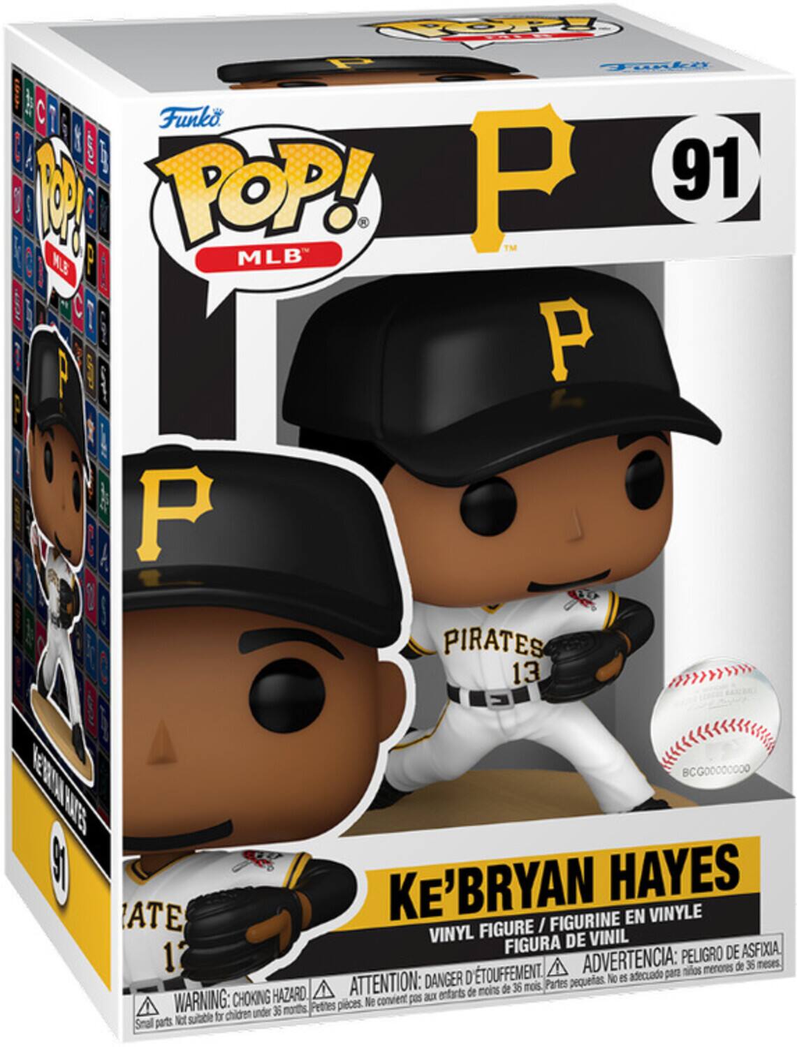 Sure, here is the corrected and grouped text from the image:

---

**Funko POP! MLB**

**91**

**PIRATES**

**KE'BRYAN HAYES**

**VINYL FIGURE / FIGURINE EN VINYLE / FIGURA DE VINIL**

**WARNING: CHOKING HAZARD - Small parts. Not suitable for children under 36 months.**

**ATTENTION: DANGER DE PIETEMENT - Petites pièces. Ne convient pas aux enfants de moins de 36 mois.**

**ADVERTENCIA: PEIGRIO DE ASFIXIA - Partes pequeñas. No es adecuado para niños menores de 36 meses.**

**BCG00000000**

---

This text is from the packaging of a Funko Pop! vinyl figure of Ke'Bryan Hayes from the Pittsburgh Pirates.