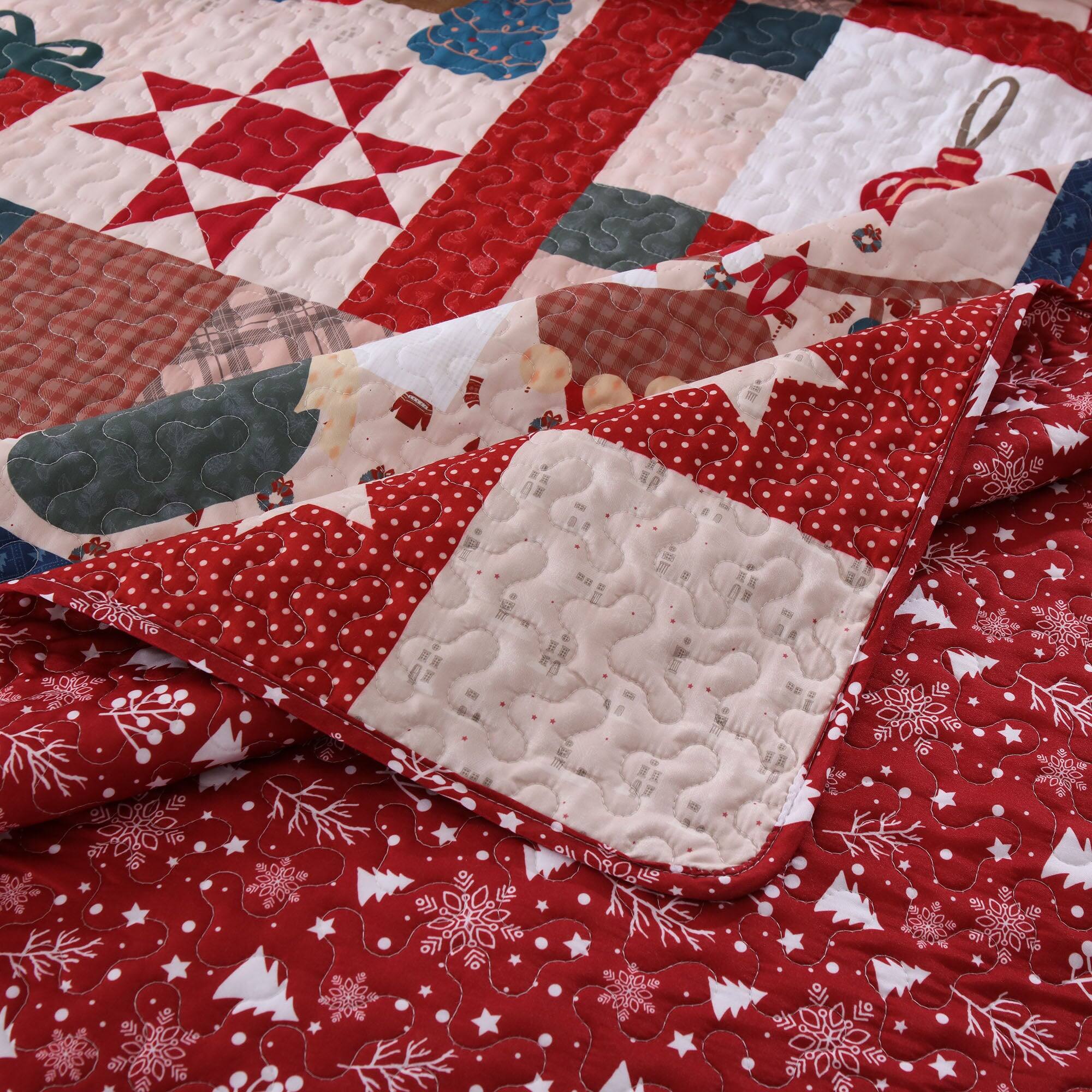 Alt View 3. MarCielo - MarCielo 2/3 PCS Vintage Christmas Stockings Polyester Quilt Set Reversible Holiday Bedspread - Red.