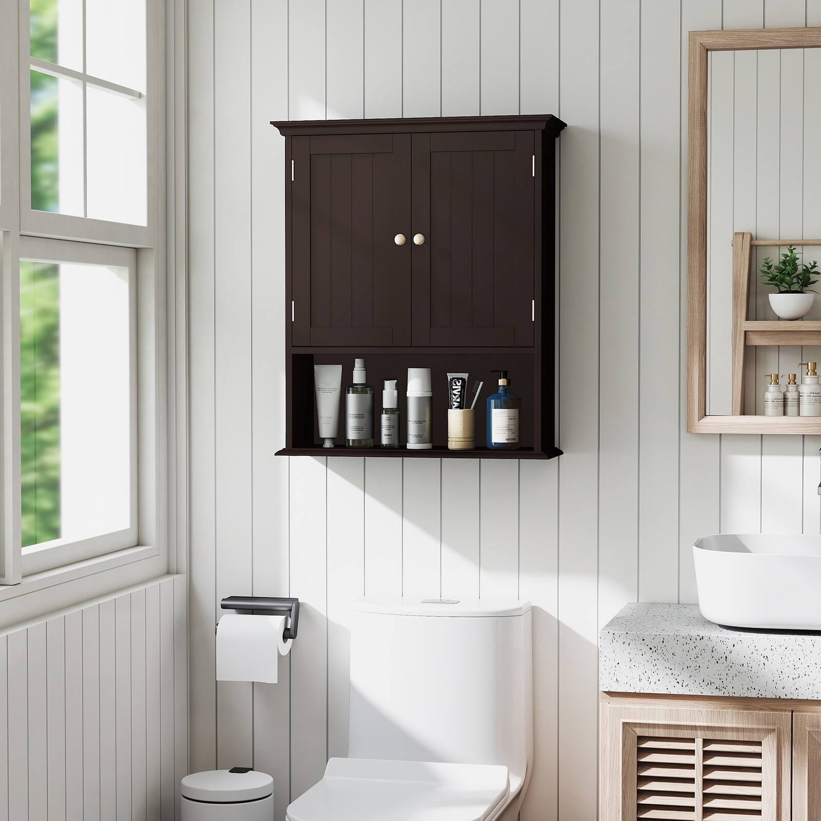 Alt View 5. Costway - Costway Wall Mount Bathroom Cabinet Storage Organizer Medicine Cabinet Brown - Brown.